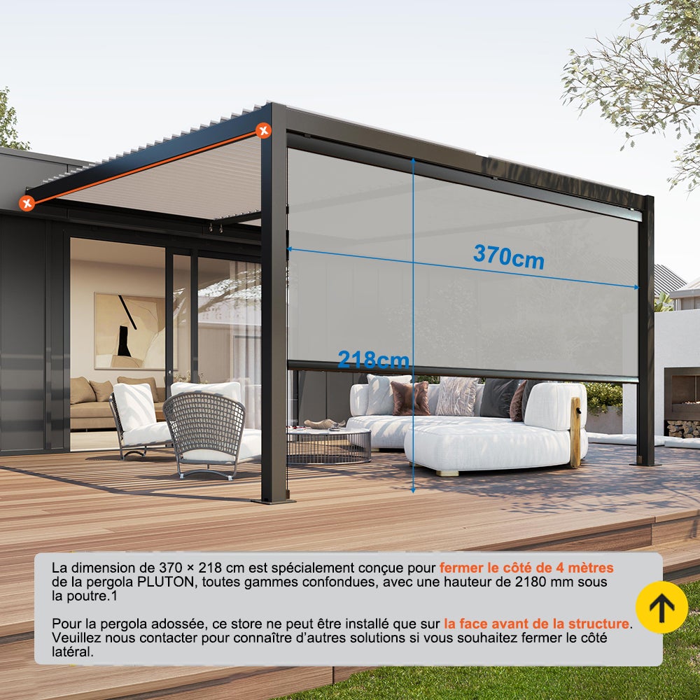 Store screen vertical 370 x 218 cm coffre intégral guidage par câbles inox pour pergola ou installation seule - Anthracite - 6