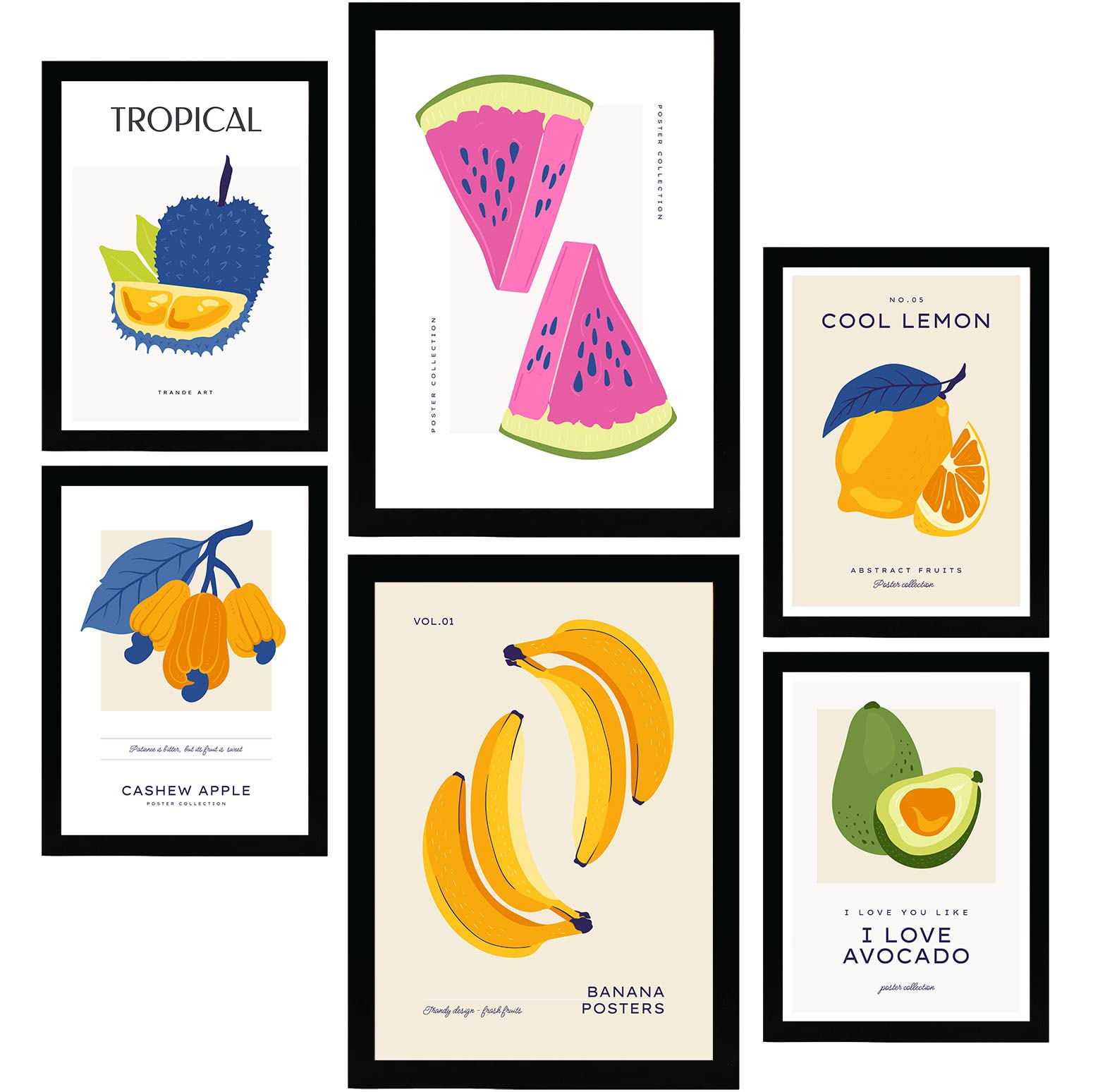 Nacnic set de 6 posters de comida y alimentación frutas coloridas láminas de naturaleza y nutrición para el diseño y tamaños a3 & a4 marco negro