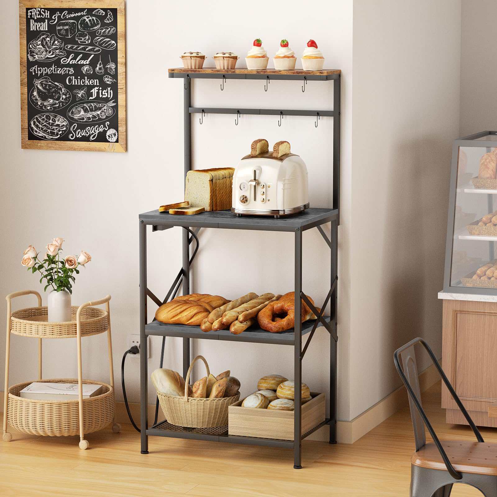 Étagère de cuisine multifonction avec prise intégrée, hauteur réglable, structure métal bois robuste et gain de place - 6