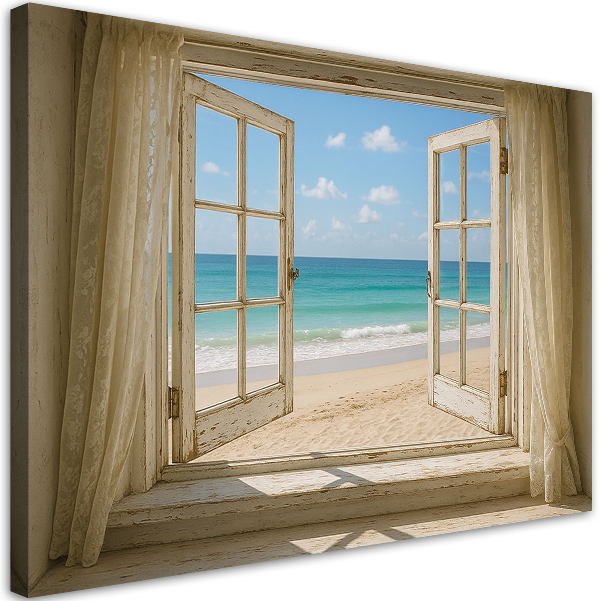 Obraz do salonu sypialni, Widok z okna na plażę Shabby Chic 90x60