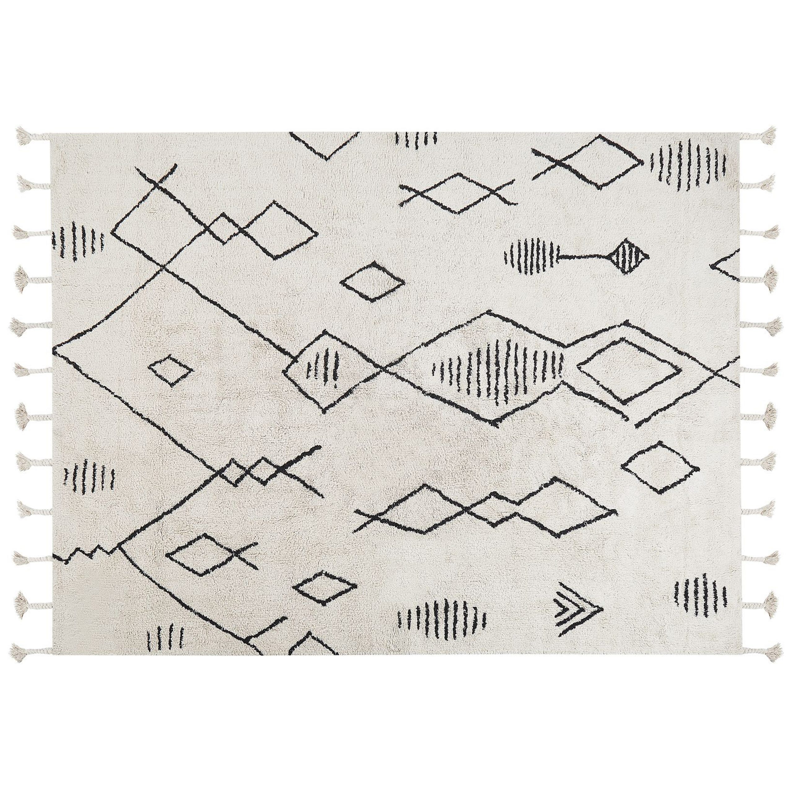 Morbuy Tappeto Intrecciato A Mano In Cotone E Lino – Boho Geometrico Bianco E Nero – 50x80 Cm – Con Nappe – Antiscivolo E Lavabile