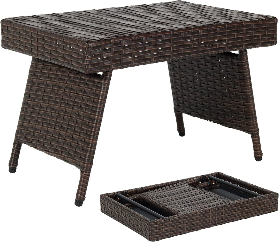 Składany Stół z Rattanu z Żelazną Konstrukcją, Pleciony Stolik Kawowy z Regulowanymi Nogami i Regałami, Składany Stolik Pomocniczy, 60 x 40 x 40 cm