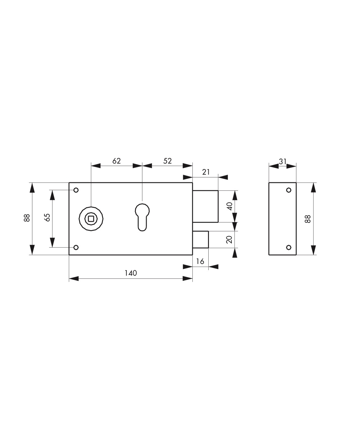 THIRARD - Boitier de serrure horizontale en applique double entrée à fouillot pour portail, droite, axe 52mm, 140x88mm, inox - THIRARD - 3