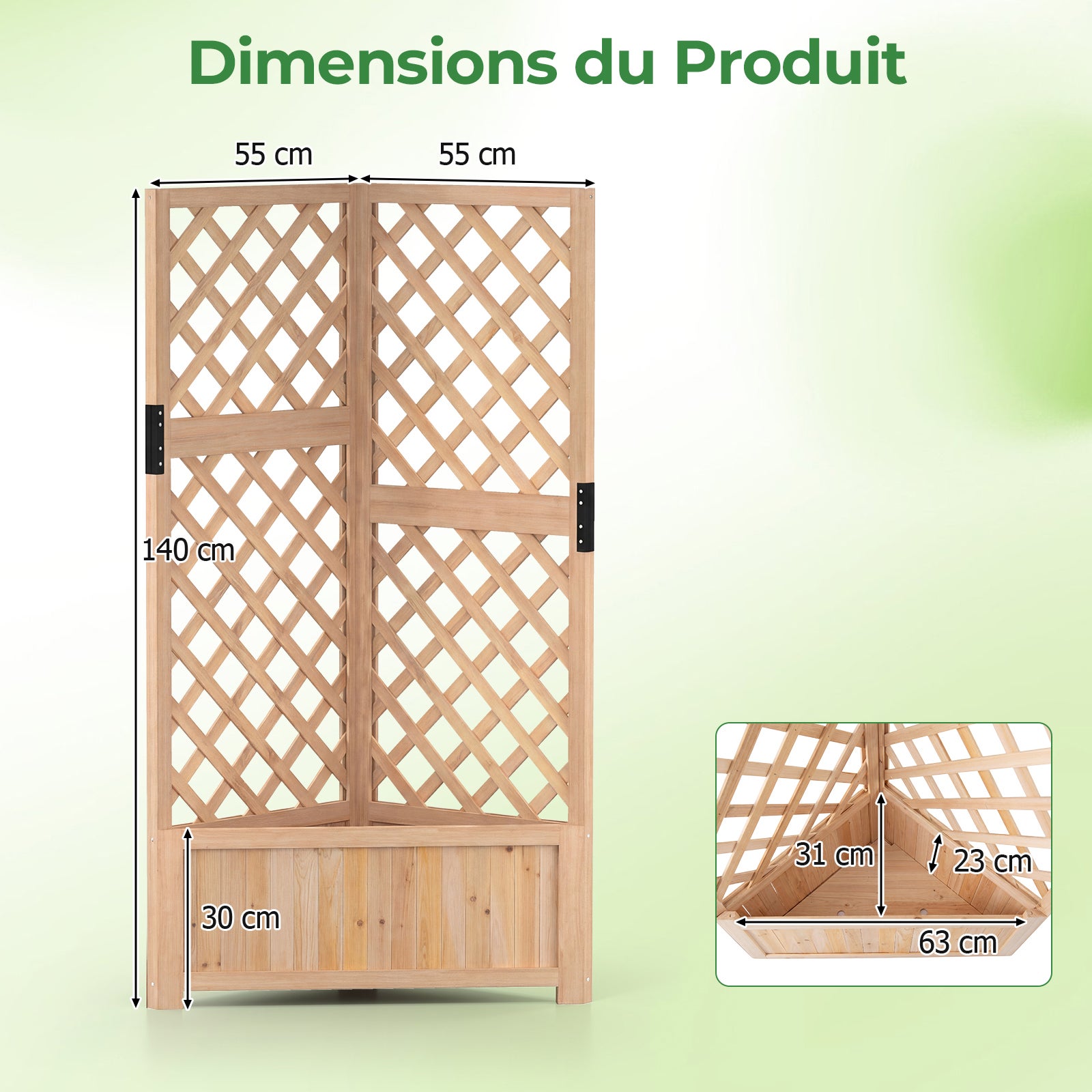 Jardinière Surélevée d'Angle avec Treillis, Trous de Drainage, Jardinière en Bois de Sapin de 140 cm de Haut pour Plantes Grimpantes, Légumes, Fleurs - 3