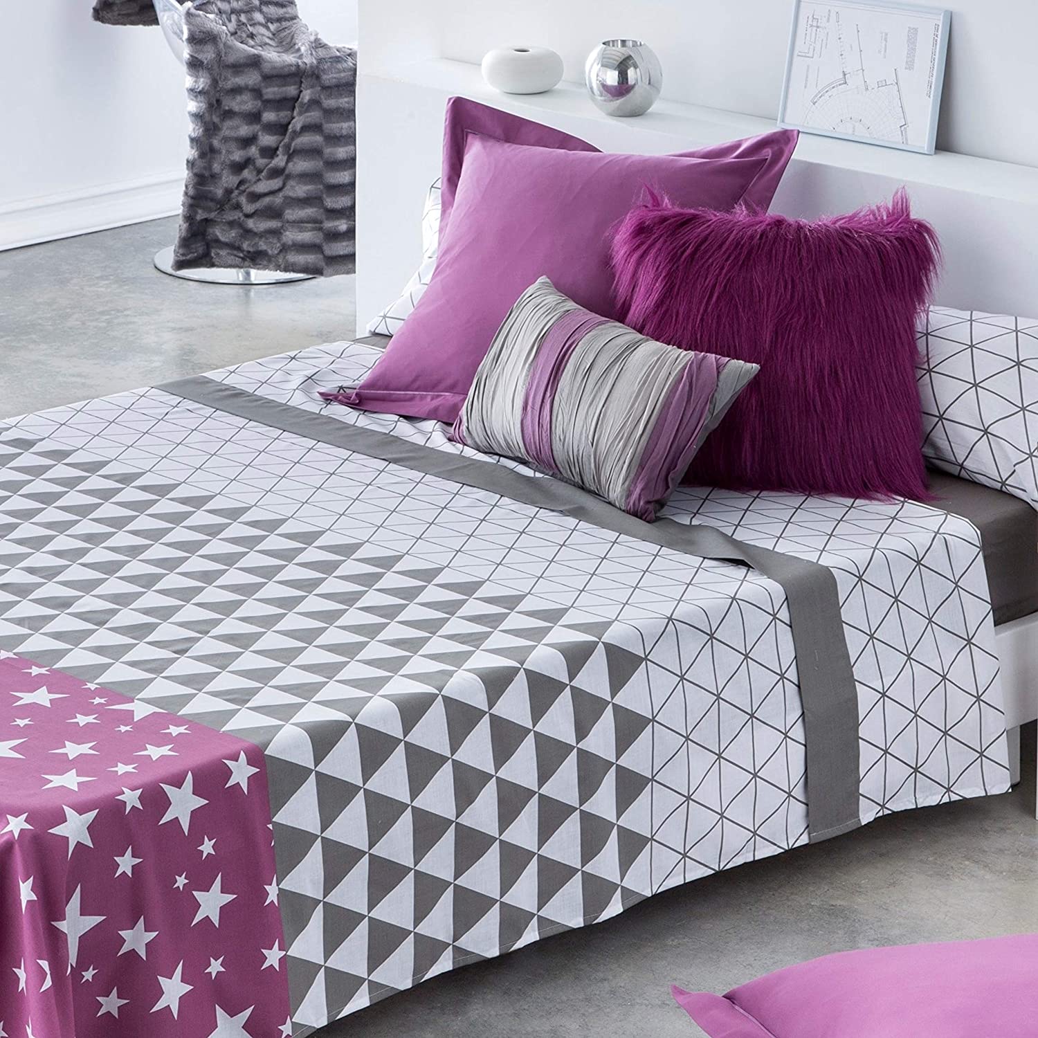 Cotton artean - juego de sábanas triangle algodón poliéster gris y morado cama 150