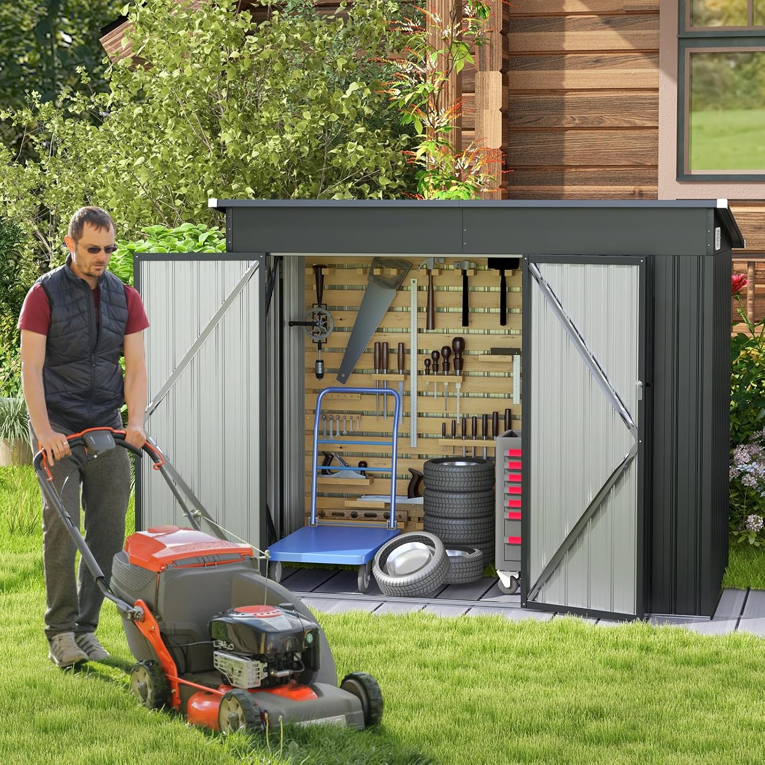 Abri de Jardin en Métal 2,6m², Cabane Jardin Exterieur en Acier Galvanisé 4,82 m³ avec Loquet, Porte avec Serrure et clé, Toit en Pente, Gris foncé - 8