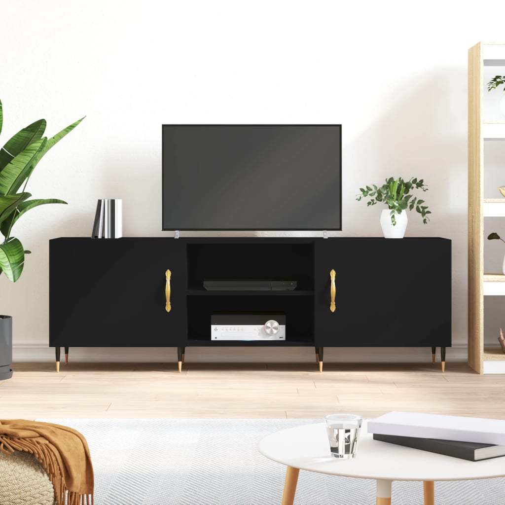 Vida Designs Meuble TV Cosmo 160cm Noir - Avec LED Multicolore - 2 Portes, Étagère Verre - Support TV 70"
