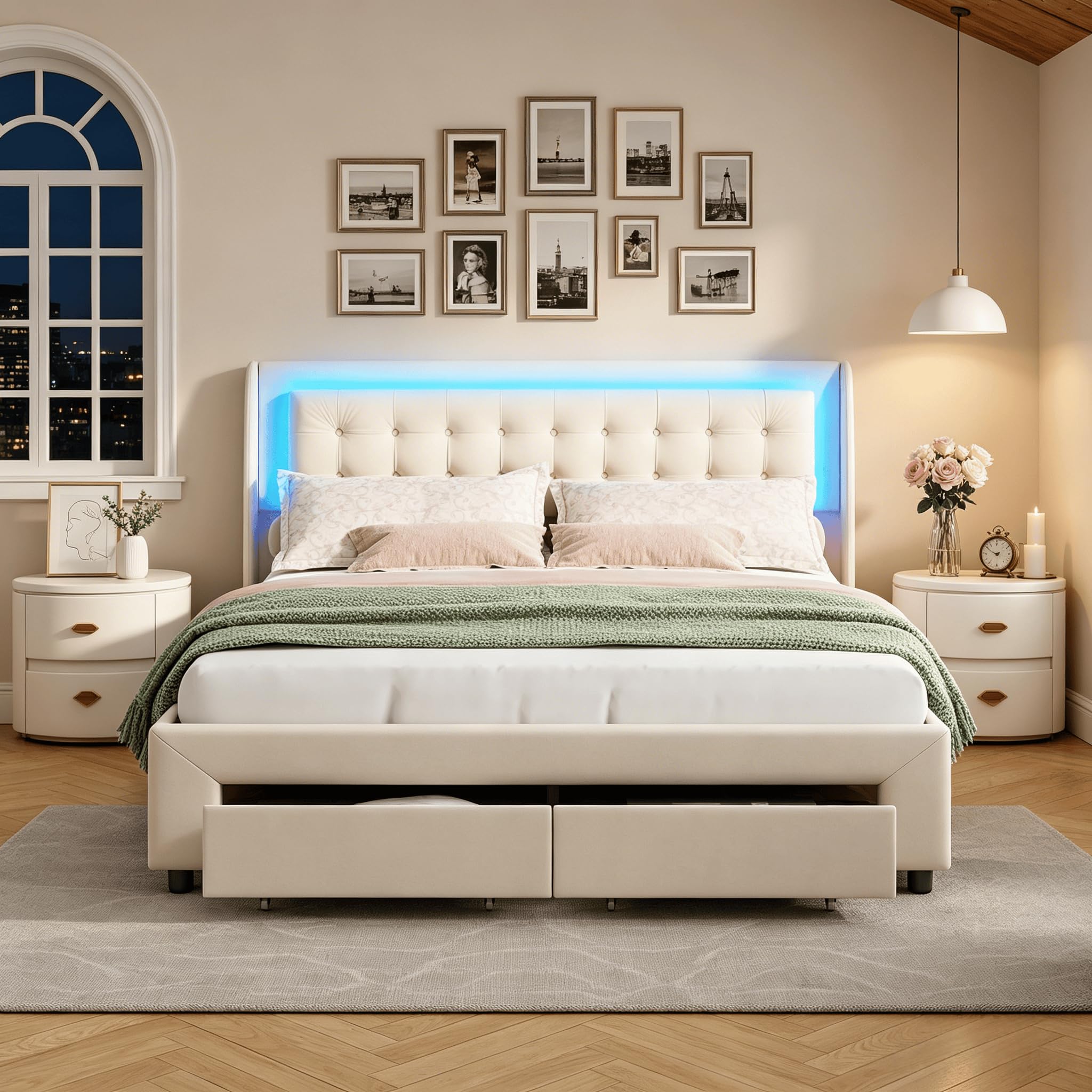 Lit Coffre 140x190 avec Sommier avec 2 Tiroirs, Lit Double avec LED, Tête de Lit Capitonnée, Grand Rangement Hydraulique et 2 Tiroirs, Velours Beige - 3