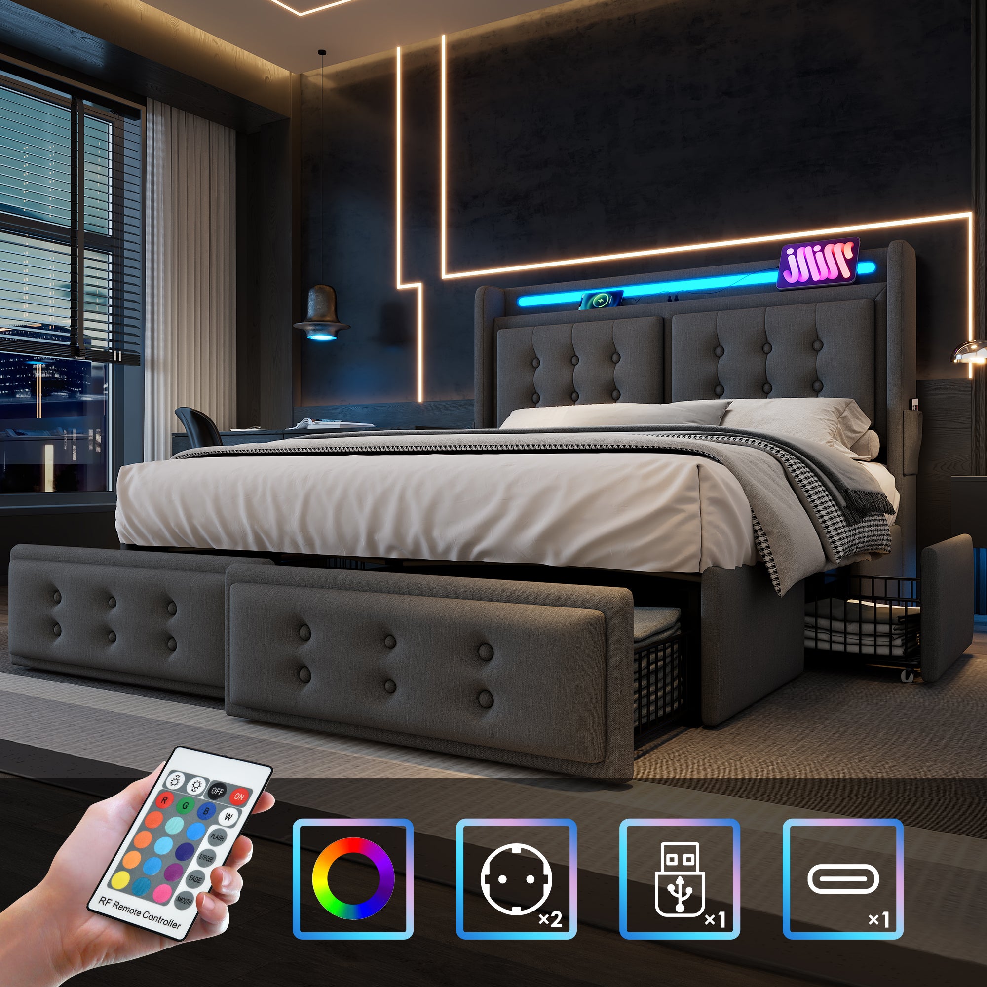 Letto Matrimoniale Imbottito 180x200 Cm Con Contenitore Idraulico, Luci LED, Porte USB E Tipo C - Grigio Lino