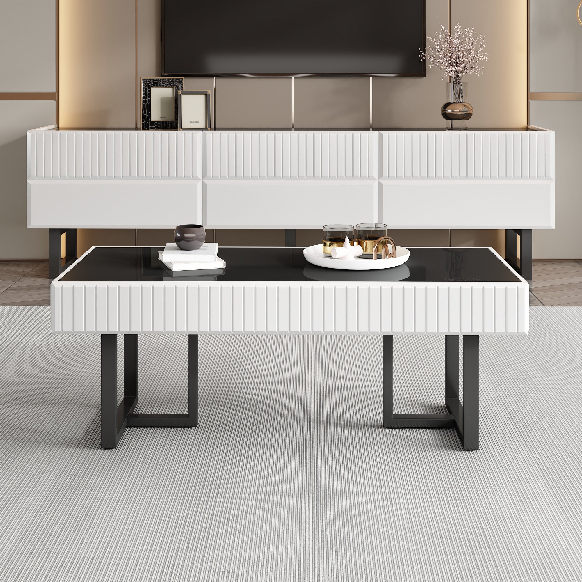 Zestaw mebli RTV 170 x 35 x 47 cm z 3 szufladami i stolikiem kawowym 110 x 50,5 x 41 cm - Płyta wiórowa + MDF - Kolor biały + czarny - 8