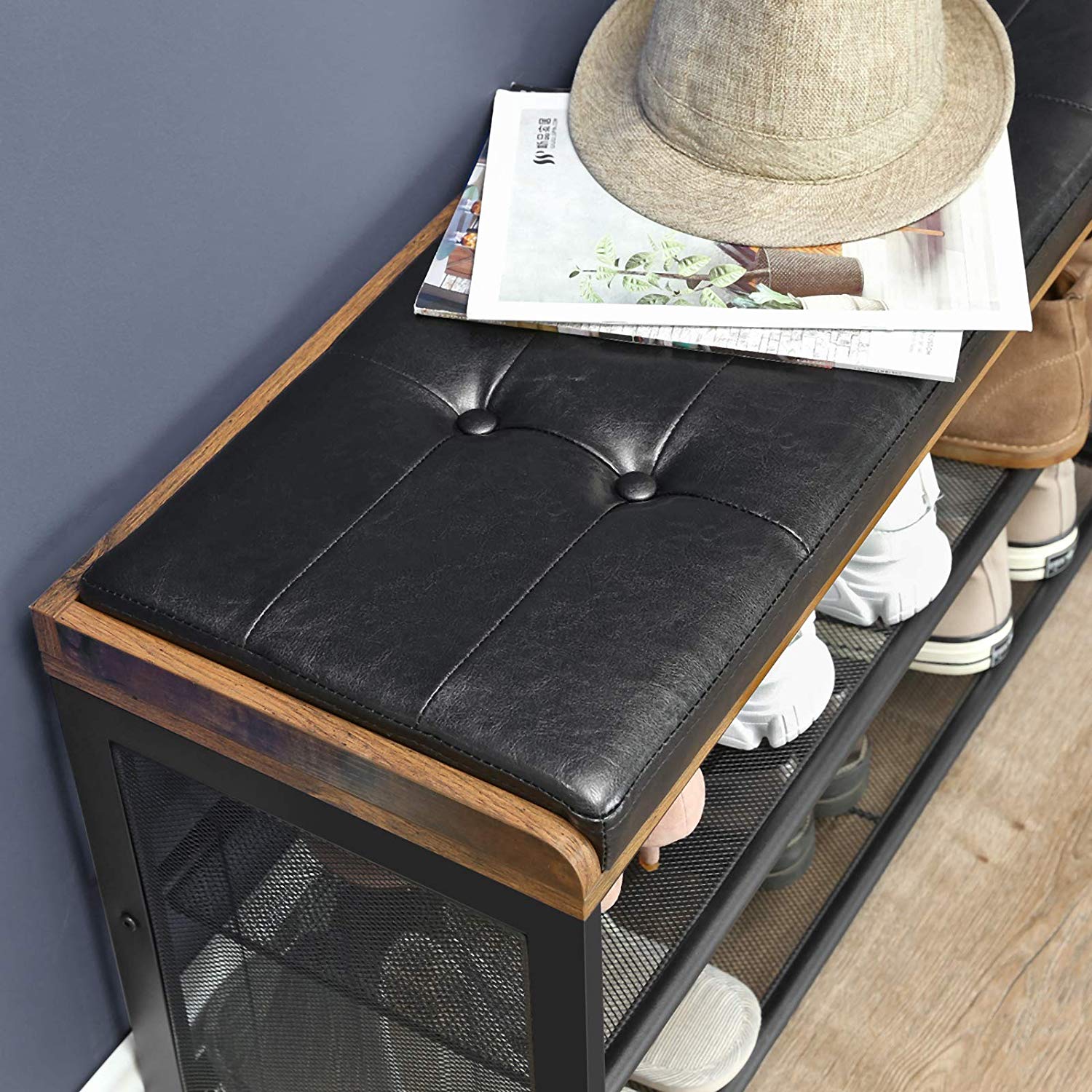 Banc À Chaussures, banquette Rembourrée Avec Étagères En Maille, marron Rustique - 6