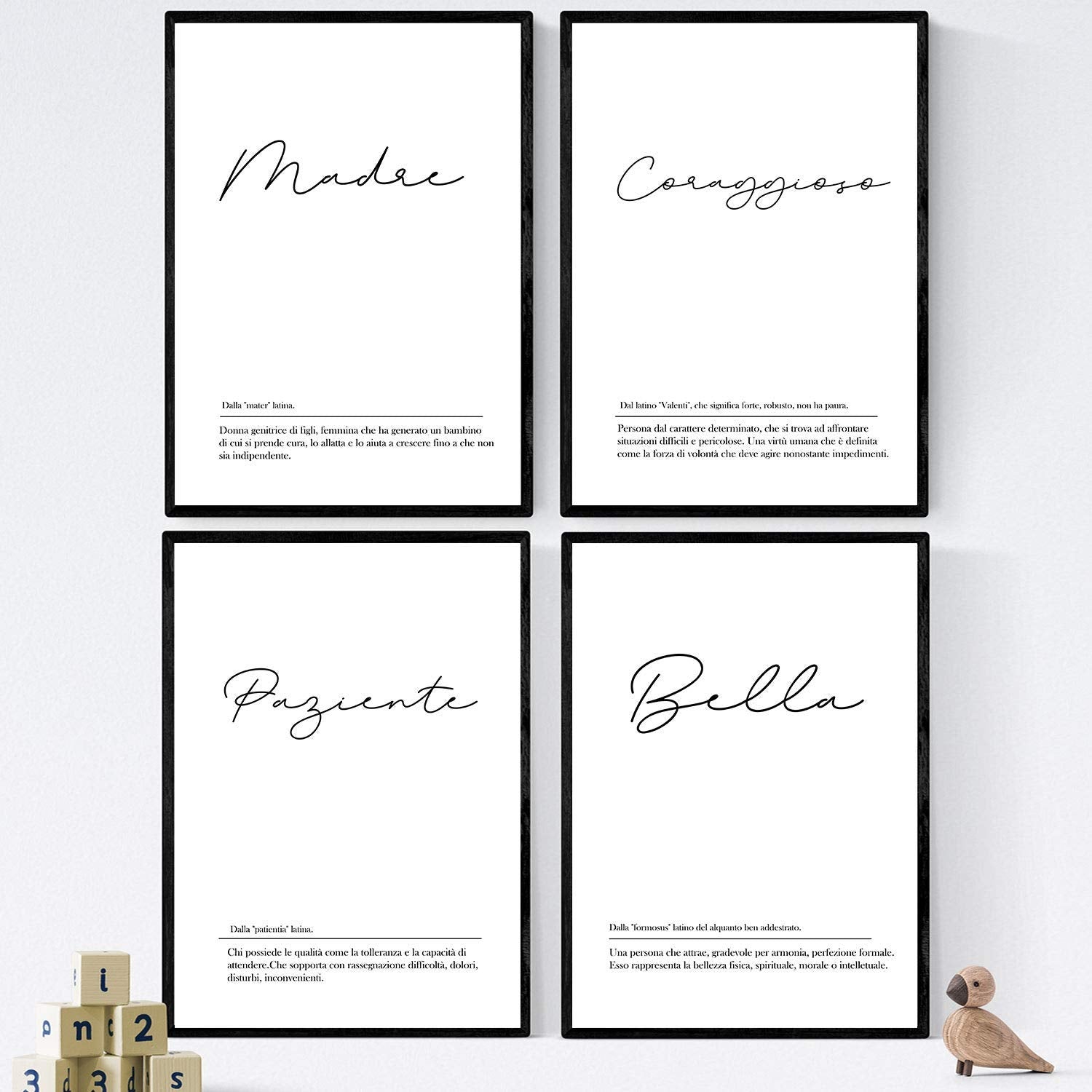 Set de cuatro láminas con definiciones de palabras en italiano. poster 'madre' de palabras con definiciones. sin marco - a3