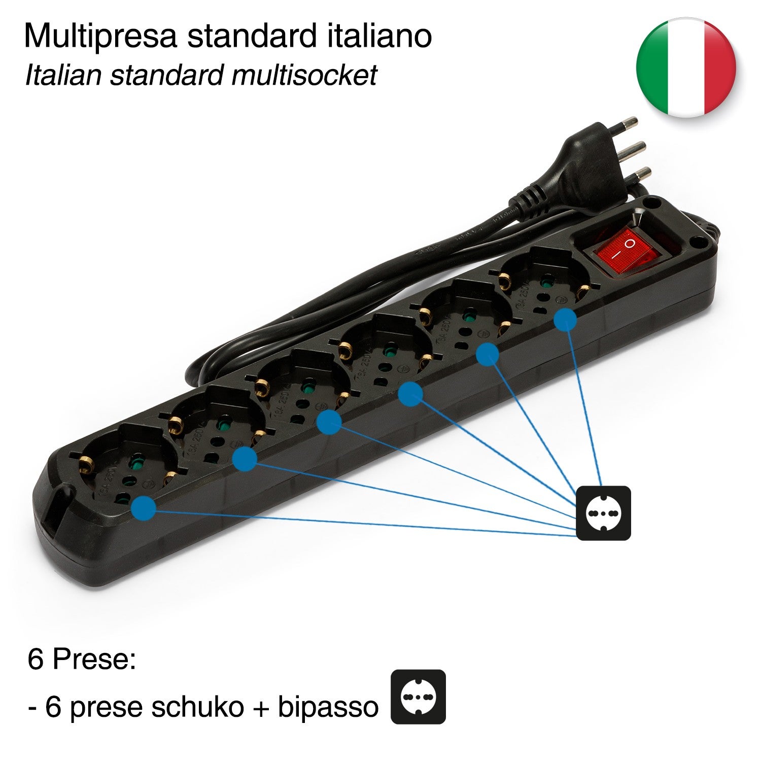 Multiprise italienne 6 schuko + 10/16A. Avec interrupteur, câble 1m et fiche 16A - 7