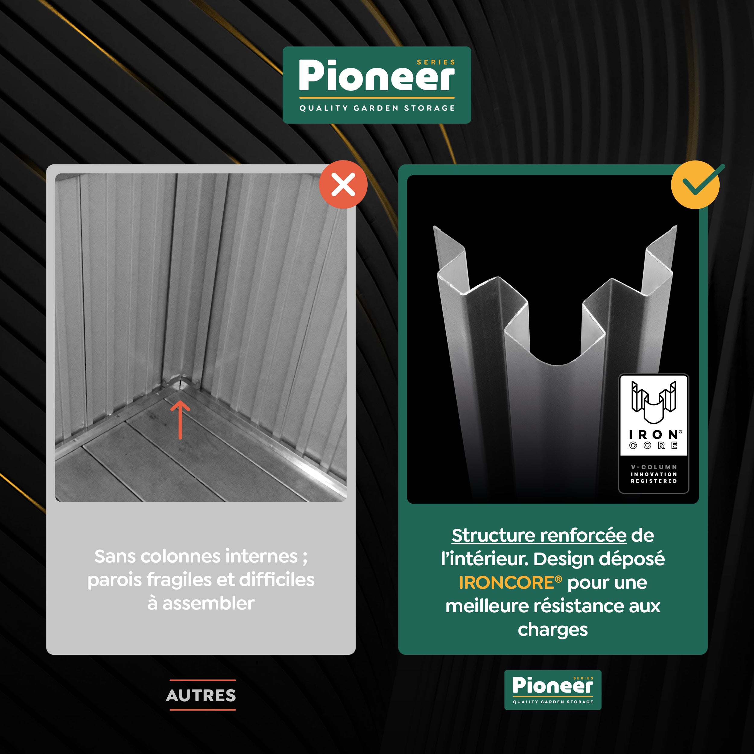 Abri de jardin métal Pioneer Y20 - Structure autoportante - Portes renforcées - Serrure avec clé incluse - Piliers en V - Cabane extérieur 1,14m2 - 6