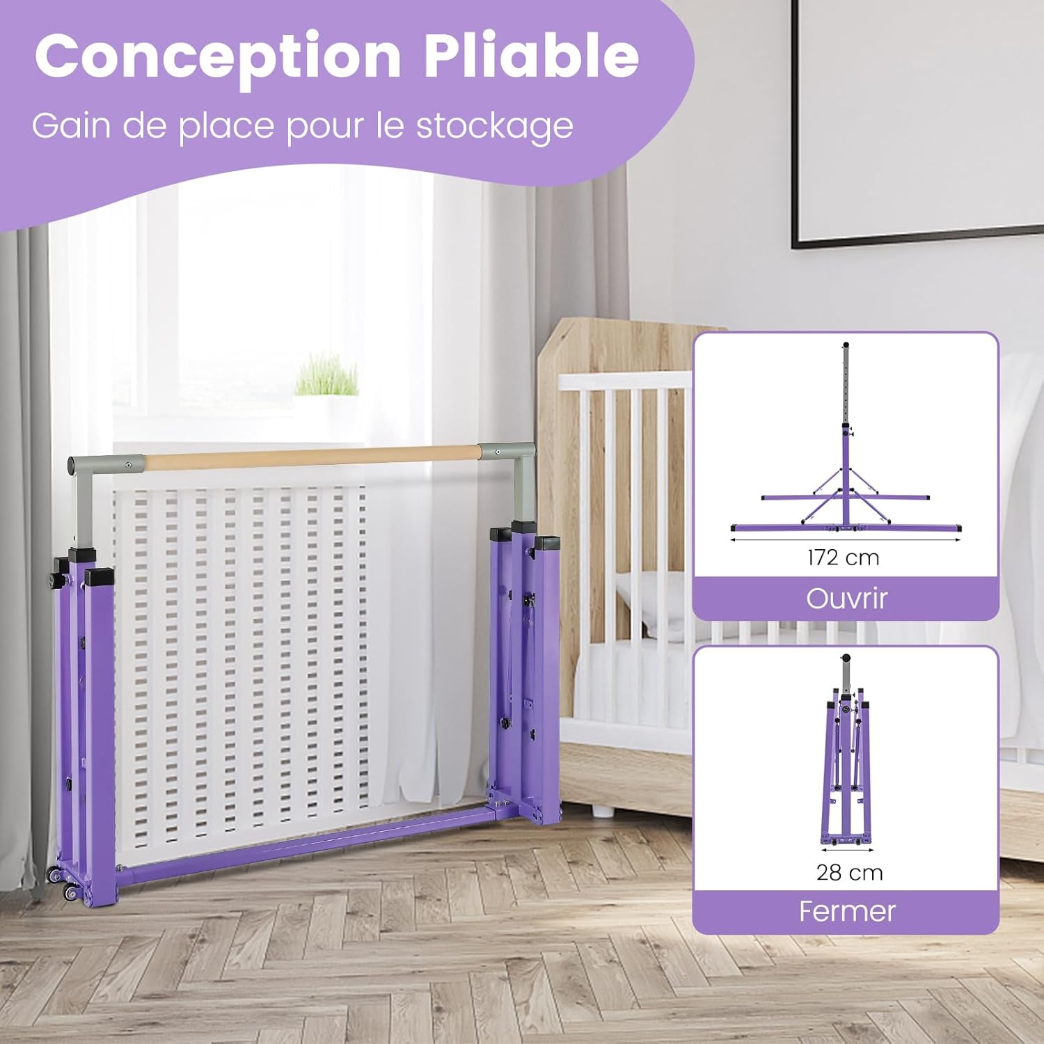 Barre de Gymnastique Pliable pour Enfants avec 13 Hauteurs Réglables (90-150cm), Barre d'Entraînement Extensible (Violet) - 7