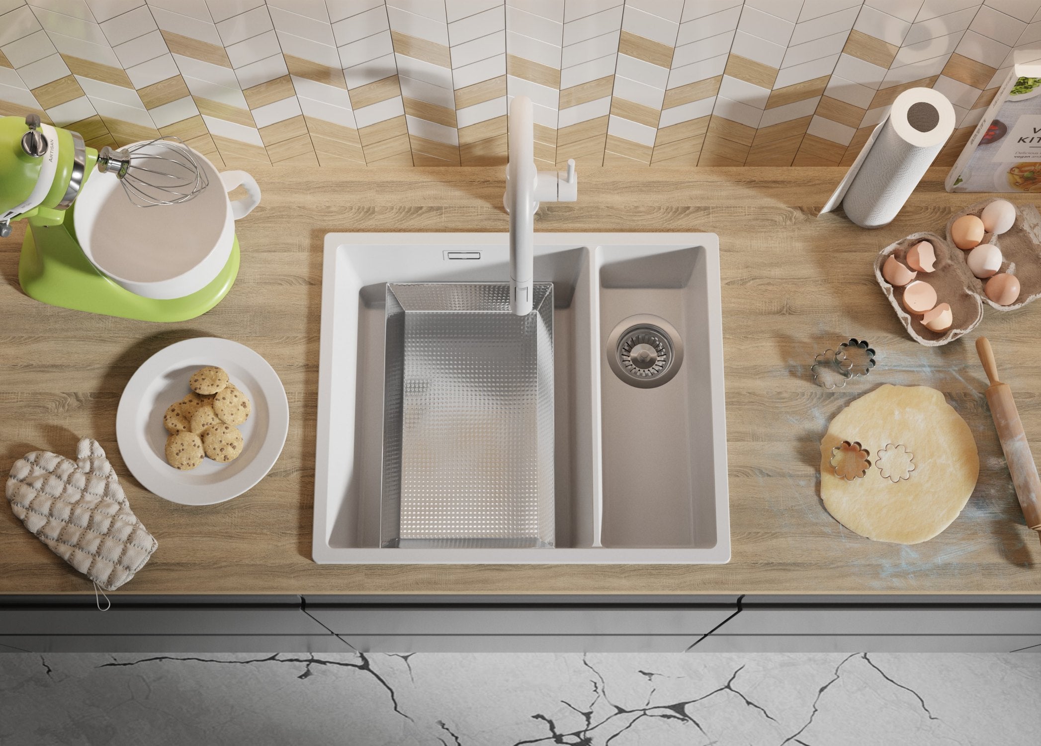 Lavandino da Cucina Bianco 56x47cm, Lavello in Granito a 1,5 vasche + Sifone Classico + Accessori, Lavabo da Cucina Incasso al mobile 60cm PRIMAGRAN - 9