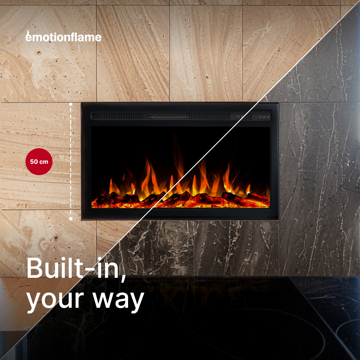 Insert électrique Emotion Flame Infinity pour cheminée électrique - feu premium - encastrable - 66x14x50 cm - cheminée LED avec chauffage 750/1500 W - 2
