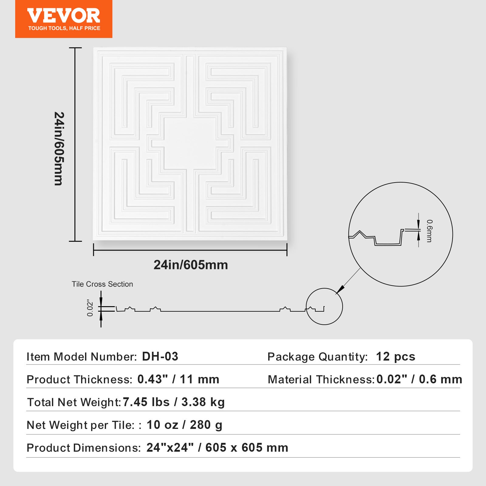 Dalles de Plafond PVC VEVOR Lot de 12, 605x605 mm, Découpe Facile, Pose avec Colle, Motif Echo Blanc, pour Maison et Bureau - 7