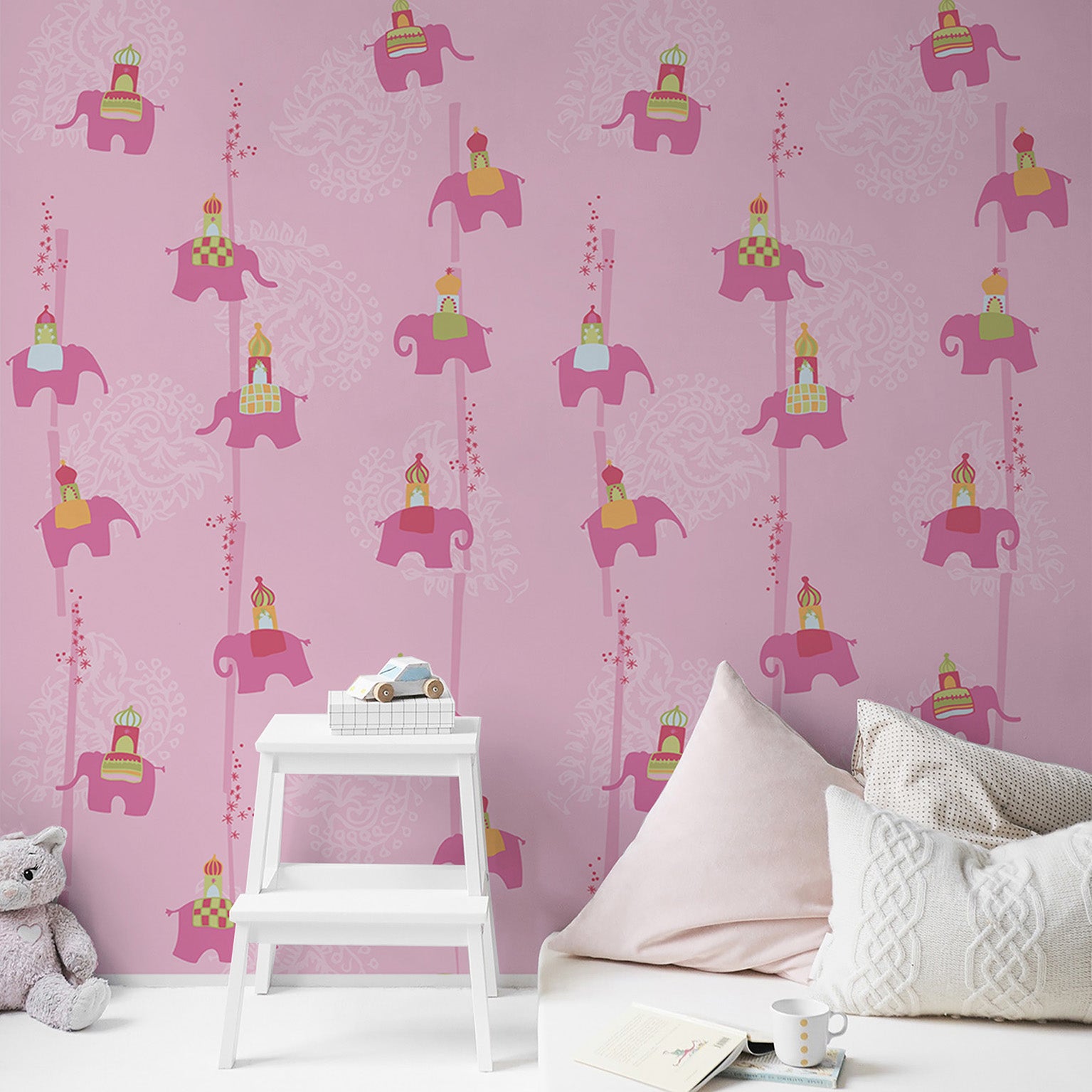 Papel tapiz panorámico no tejido, para dormitorio infantil, dibujo de elefante estilizado y elegante, 270 cm x 250 cm