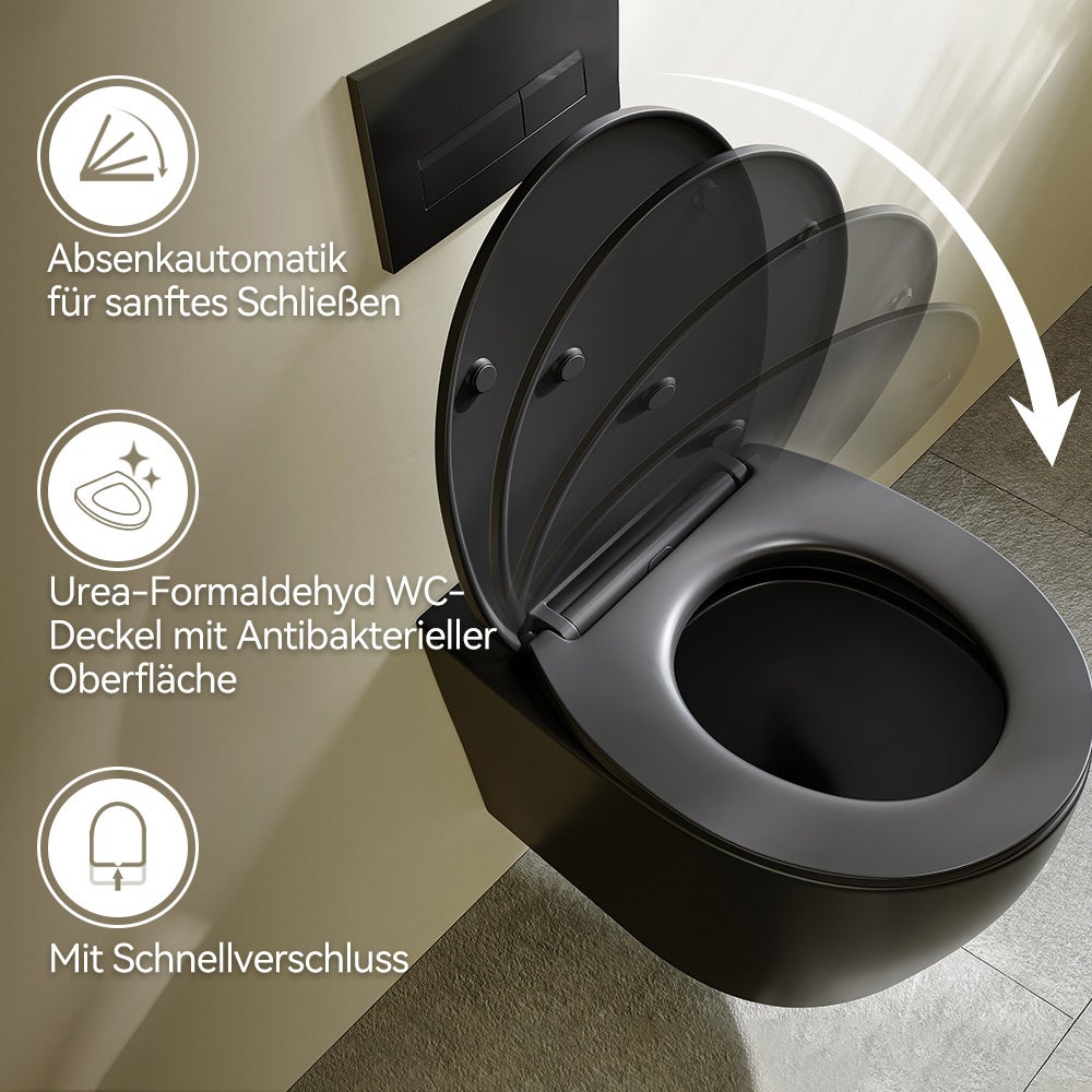 Matowa, czarna, ceramiczna toaleta ścienna z wolnoopadającą deską sedesową, kompaktowa konstrukcja. HOROW - 4