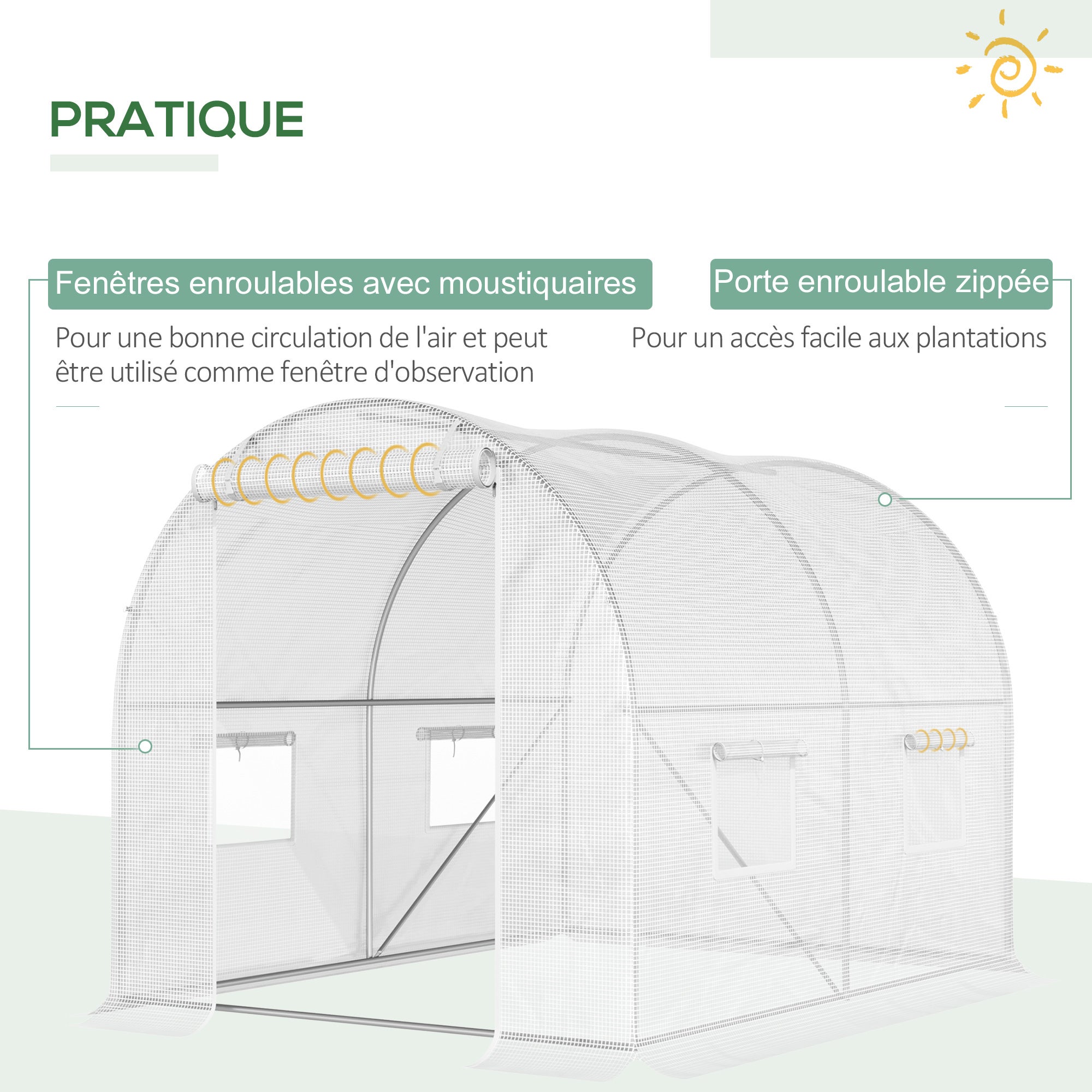 Serre de Jardin Tunnel 6 m² 3L x 2l x 1,9H m Acier galvanisé renforcé diamètre 2,4 cm + PE Haute densité fenêtres Porte Blanc - 8