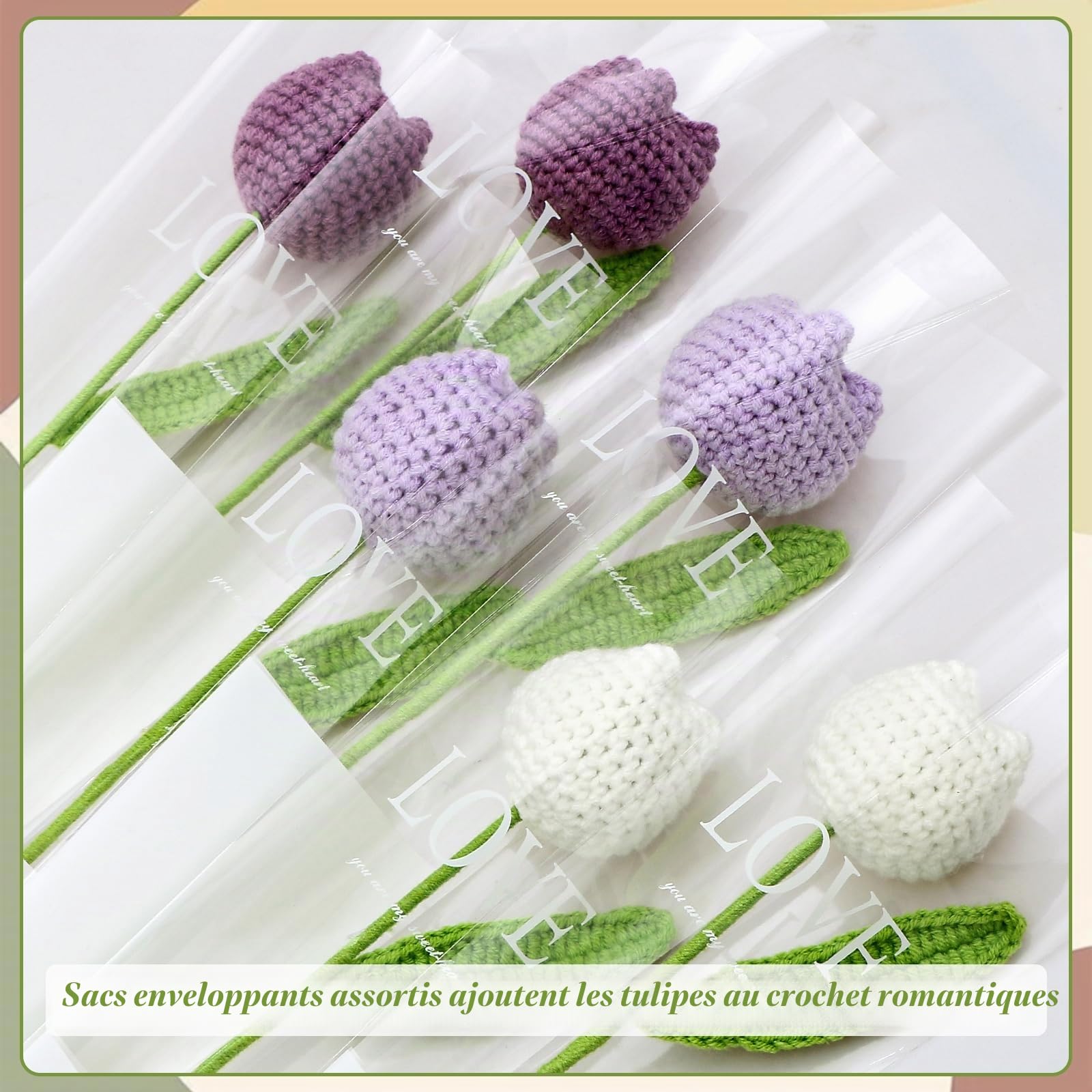Conjunto de 6 tulipanes decorativos de ganchillo, ramo morado y blanco ...