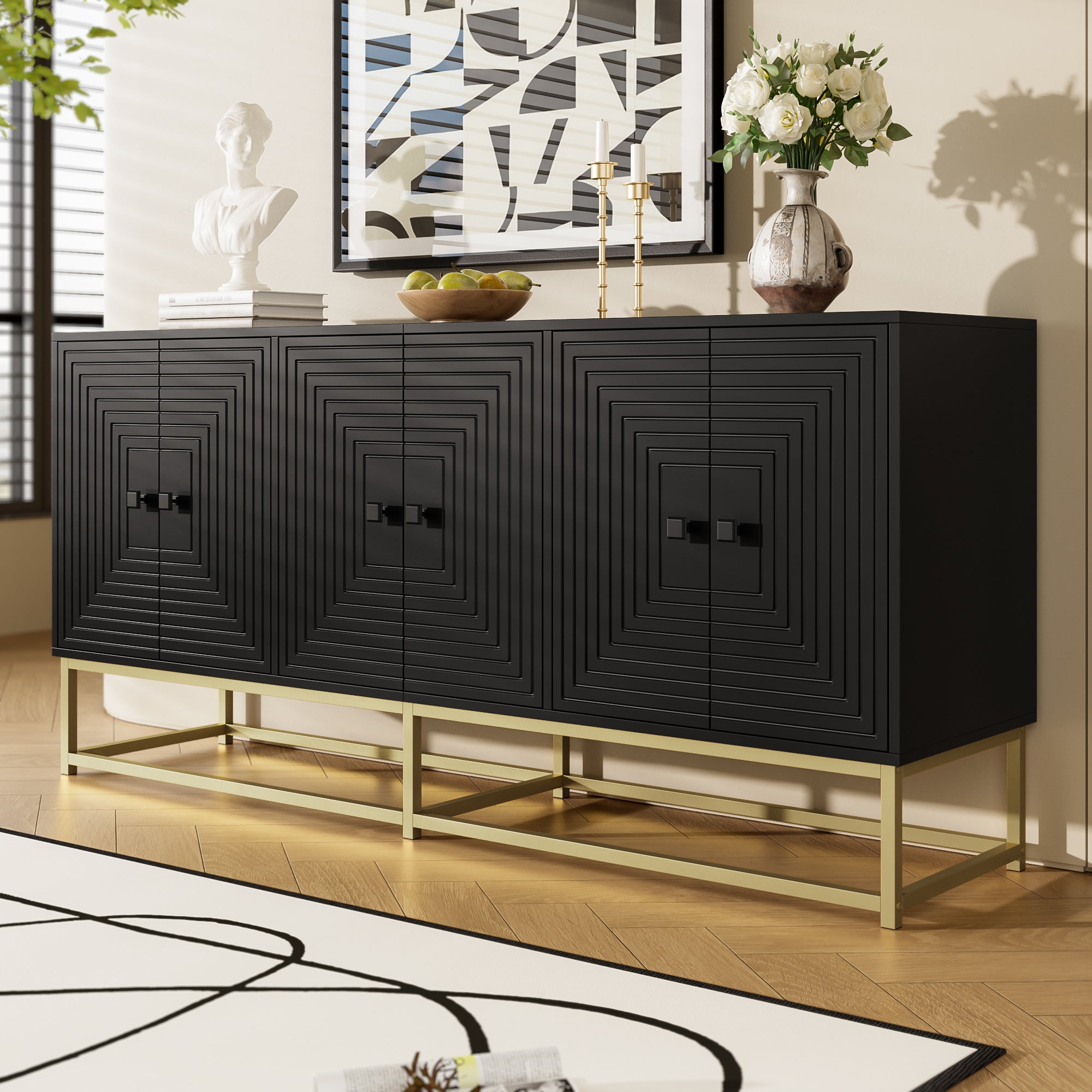Buffet moderne avec 6 portes - 160 x 38 x 75.5 cm - pour salon, salle à manger - Panneau de particules - Blanc - 6