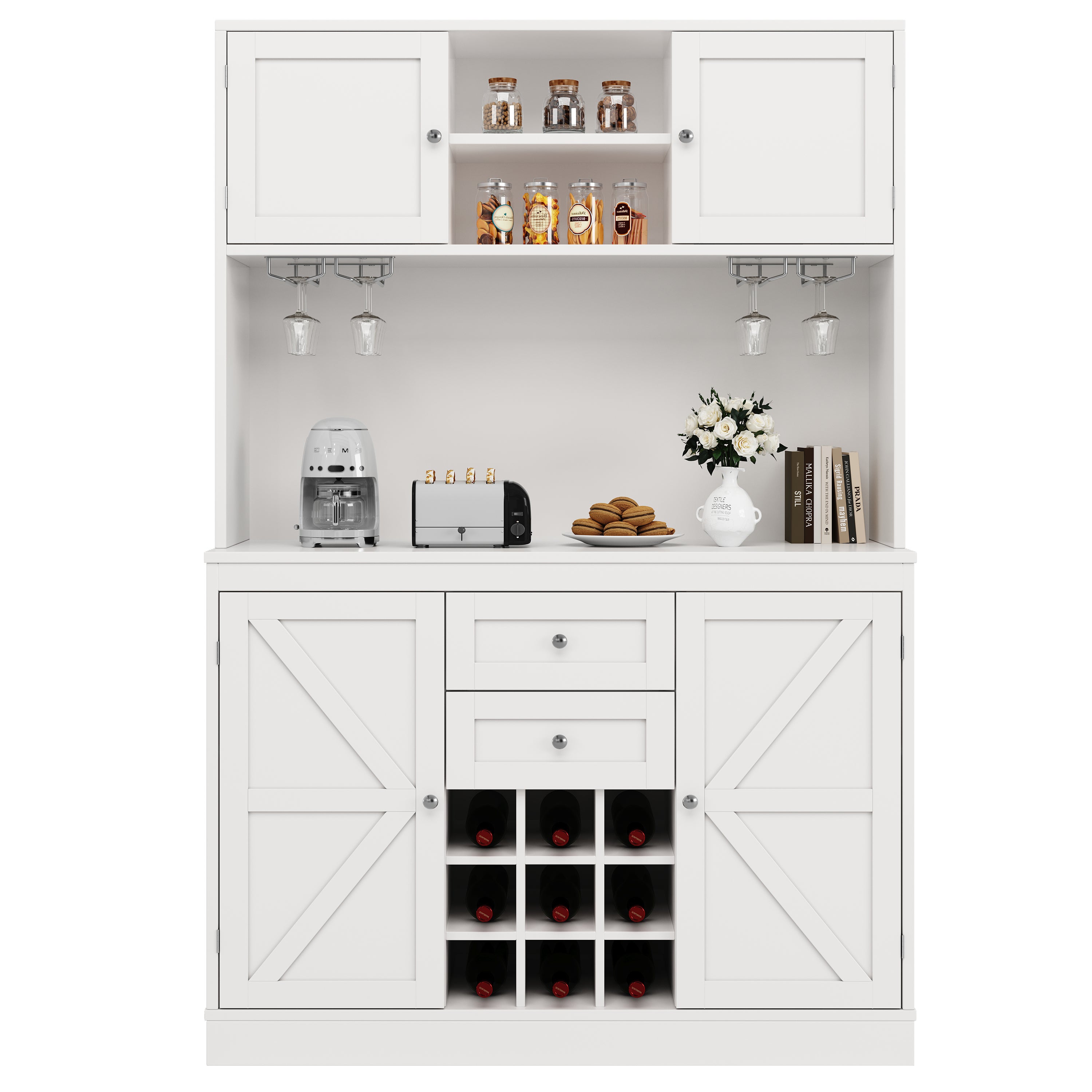 Wysoka komoda kuchenna z 4 drzwiami, 2 szufladami i regałem na wino - Regulowane półki - 106 x 40 x 179,5 cm - Płyta MDF - Biała - 7
