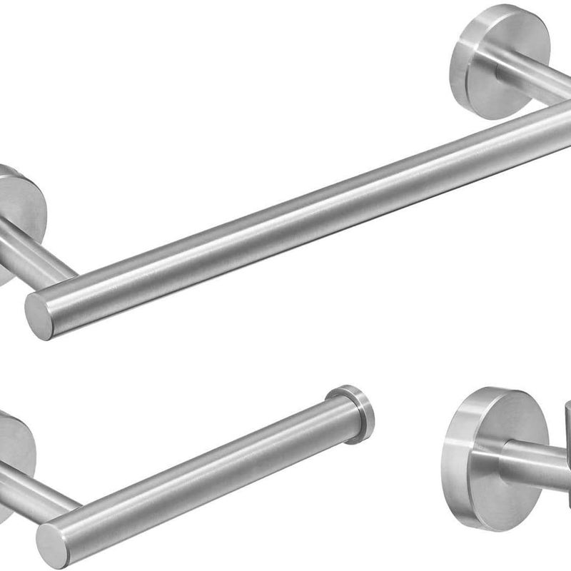 Zestaw akcesoriów łazienkowych, drążek prysznicowy + uchwyt na papier toaletowy + wieszak na szlafrok, zestaw 3 elementów, szczotkowane srebro