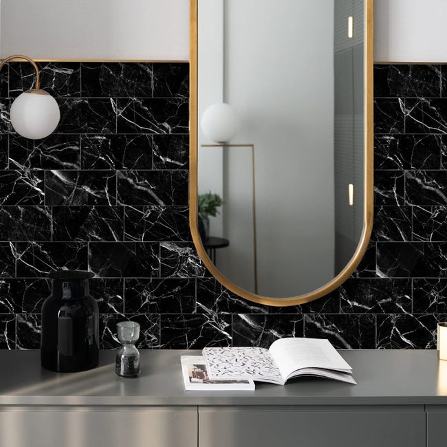 Crédence Adhésive 3D Imitation Marbre Noir - 16 Panneaux Décoratifs Imperméables et Résistants à l'Humidité pour Cuisine, Salle de Bain - 4
