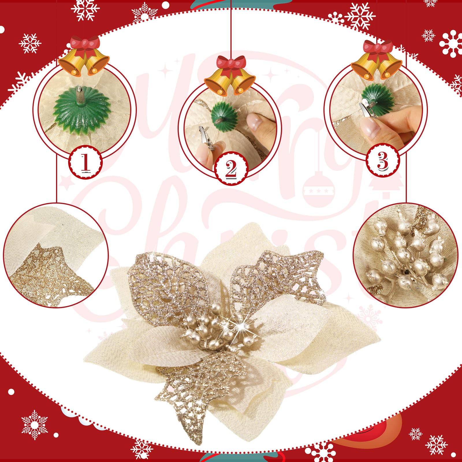 16 pezzi di decorazioni natalizie, fiori artificiali di Natale glitterati con clip, decorazioni per l'albero di Natale, pendenti con fiori di Natale - 5