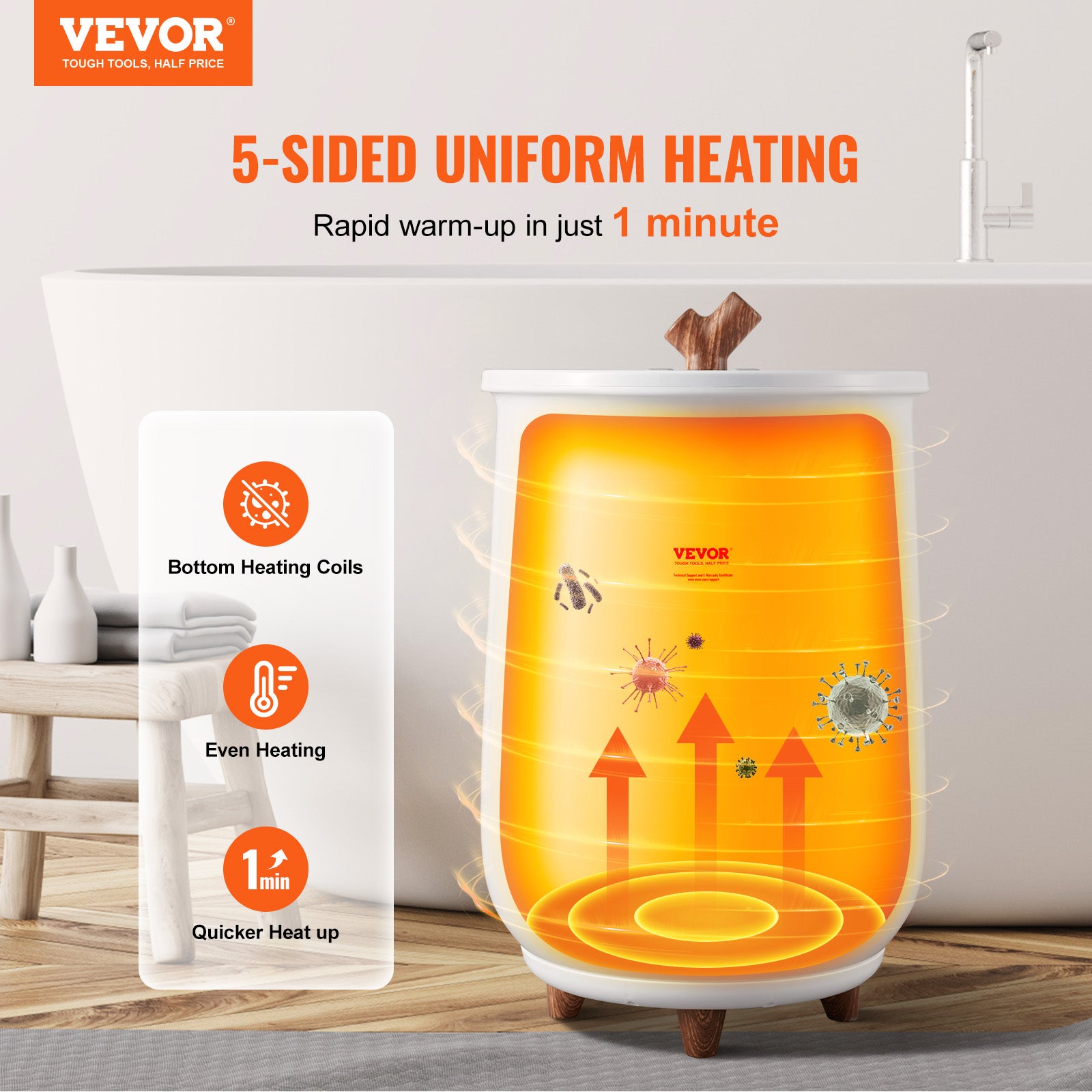VEVOR Scaldasalviette Secchio Verticale 20 Litri Per Bagno SPA Max. 2 Asciugamani Potenza Nominale 465 W Spegnimento Automatico Tempo Di Riscaldamento Regolabile 4 Livelli, Riscaldatore Asciugamani - 9