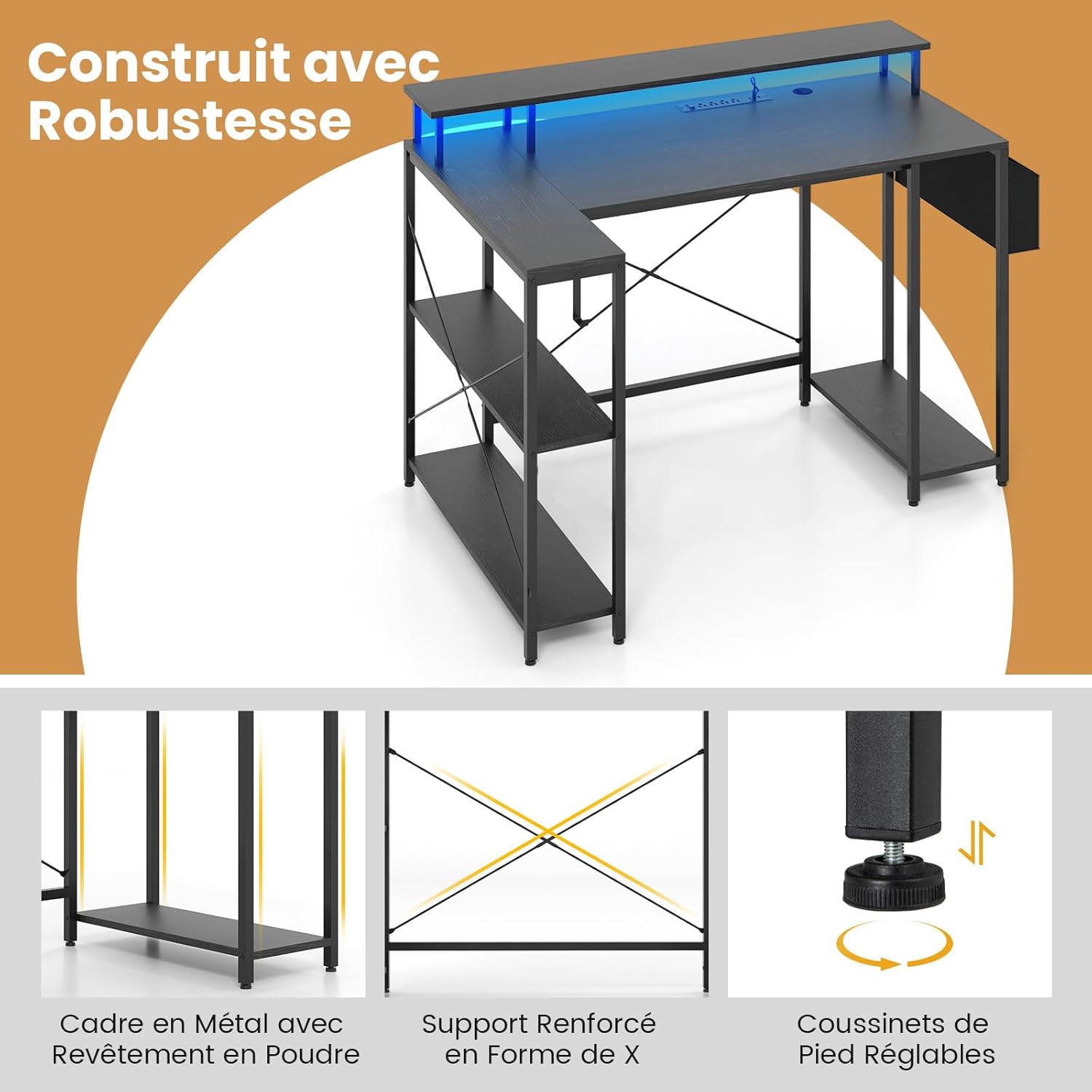 Scrivania Angolare da Gaming, Scrivania Salvaspazio a Forma di L con Luci LED, Stazione di Ricarica, Ripiani e Supporto per Monitor, Scrivania - 9