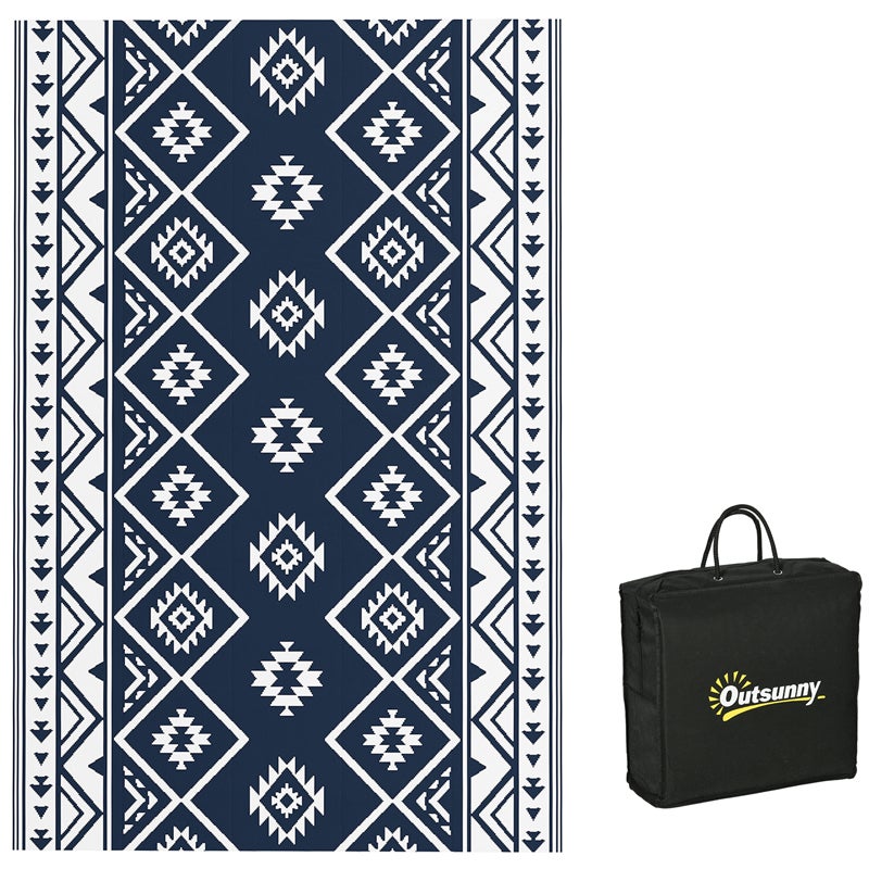 Dywan zewnętrzny dwustronny 182x274 cm, wodoodporny polipropylen, z torbą transportową, idealny na kemping, ogród i plażę, ciemnoniebieski