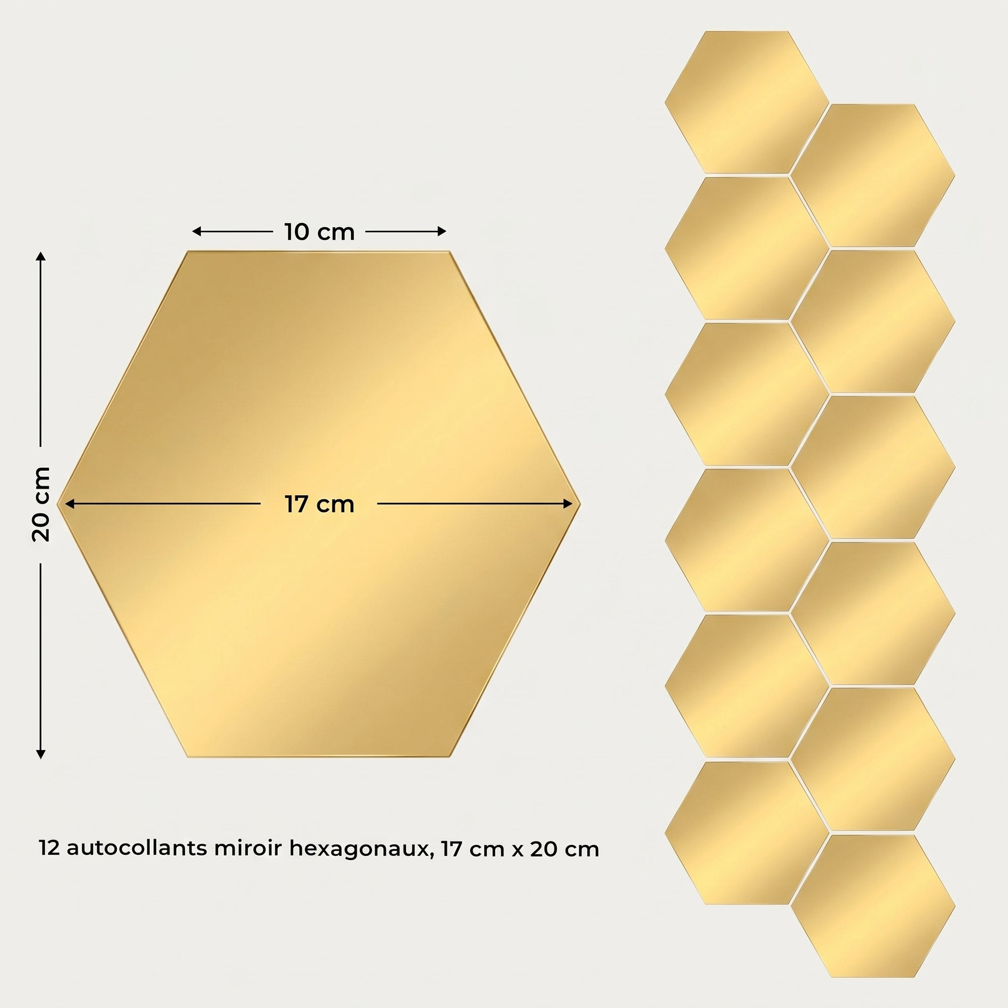 12 stickers miroirs hexagones or - 20x17cm - Autocollants stickers adhésifs effet miroir - 7