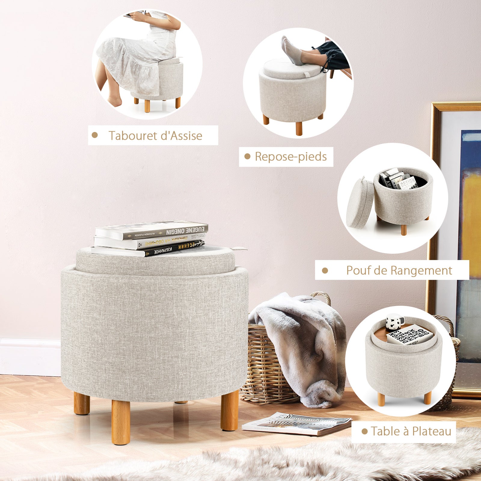Pouf Poggiapiedi Rotondo Rebecca – Imbottito Beige E Marrone, 45x35x35 Cm, Già Montato, Perfetto Per Soggiorno E Camera Da Letto