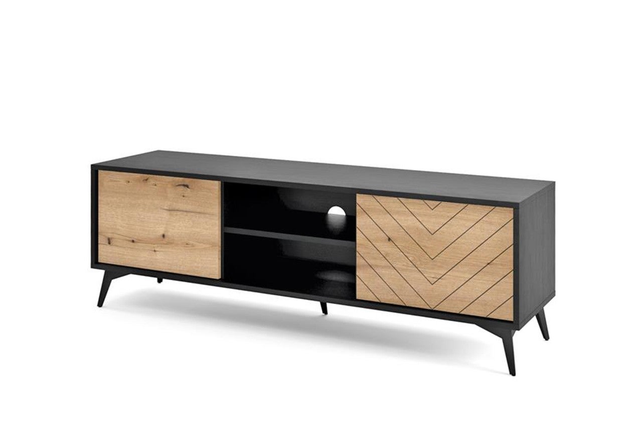 Szafka RTV DIAMOND 154 cm – Dąb Evoke i Czarny Mat, jodełka, 2 szafki i półki