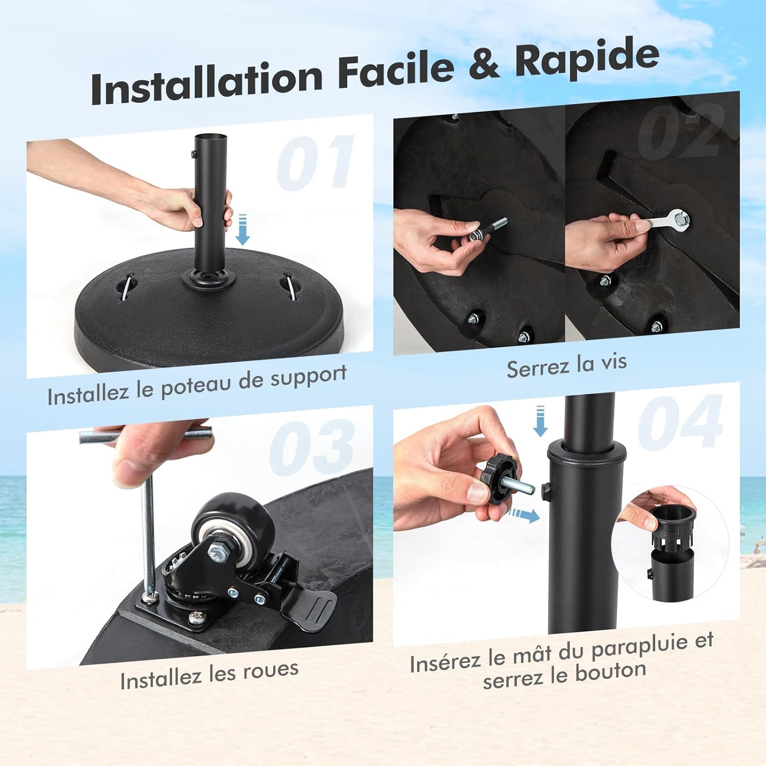 Pied de Parasol sur roulettes φ52CM 23KG, Socle Parasol Extérieur en Résine avec 2 Poignées Rétractables, pour Poteaux de Parasol 38/48 mm - 7