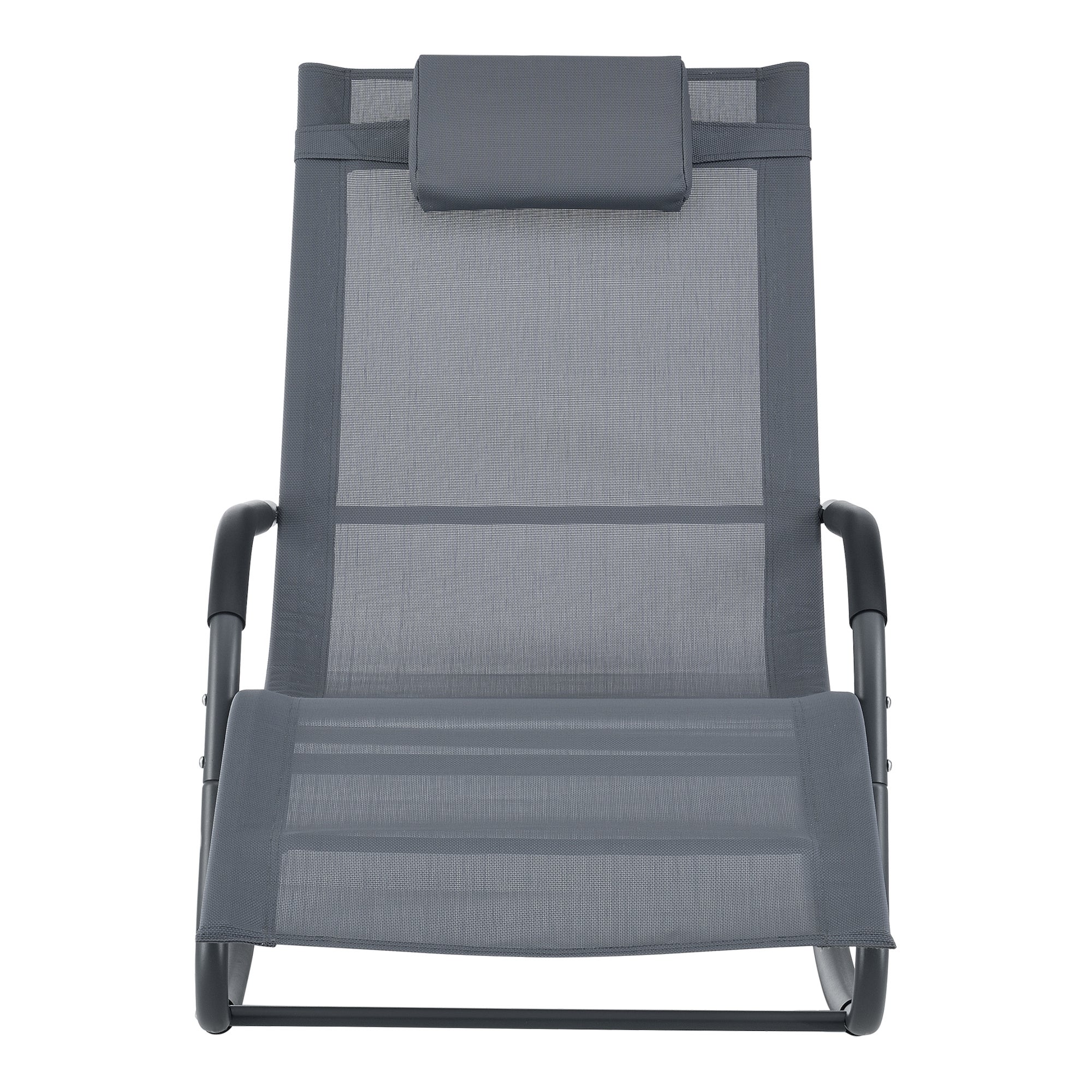 Set di 2 Lettini Prendisole a Dondolo con Cuscino Poggiatesta Rimovibile 2 Sedie a Sdraio Oscillante per Giardino/Balcone - Grigio Scuro - 3