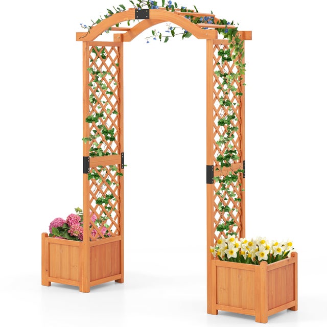 Drewniana brama ogrodowa z donicą i kratką, pergola ogrodowa do pnączy i warzyw, dekoracja ślubna, uroczystości, imprezy