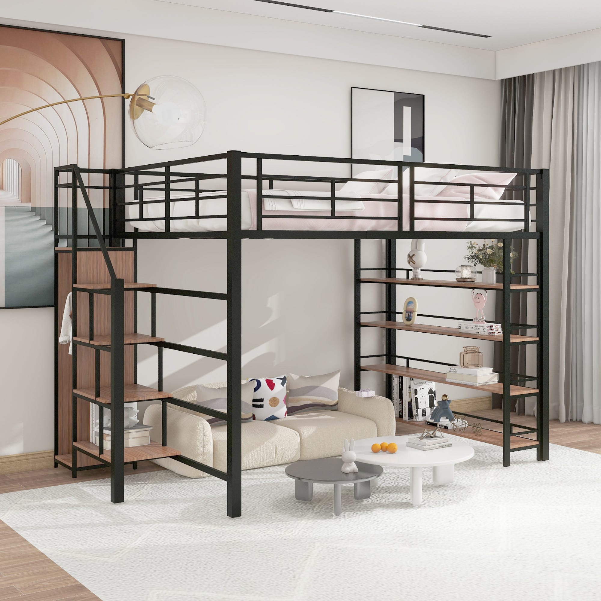 Struttura Letto In Metallo, Letto In Ferro, Letto A Soppalco Con Scrivania E Ripiani 140x200cm Nero 97099889 Struttura Letto In Metallo, Letto In Ferro, Letto A Soppalco Con Scrivania E Ripiani 140x200cm Nero 97099889