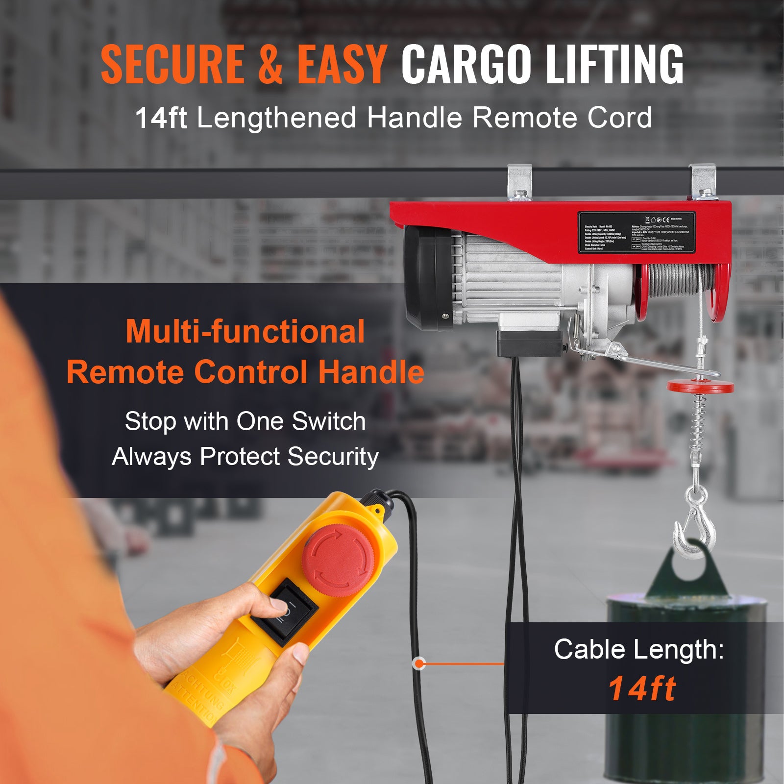 Palan électrique,SucceBuy capacité de levage 880 lb,treuil 230V avec télécommande filaire de 14 pieds - 5