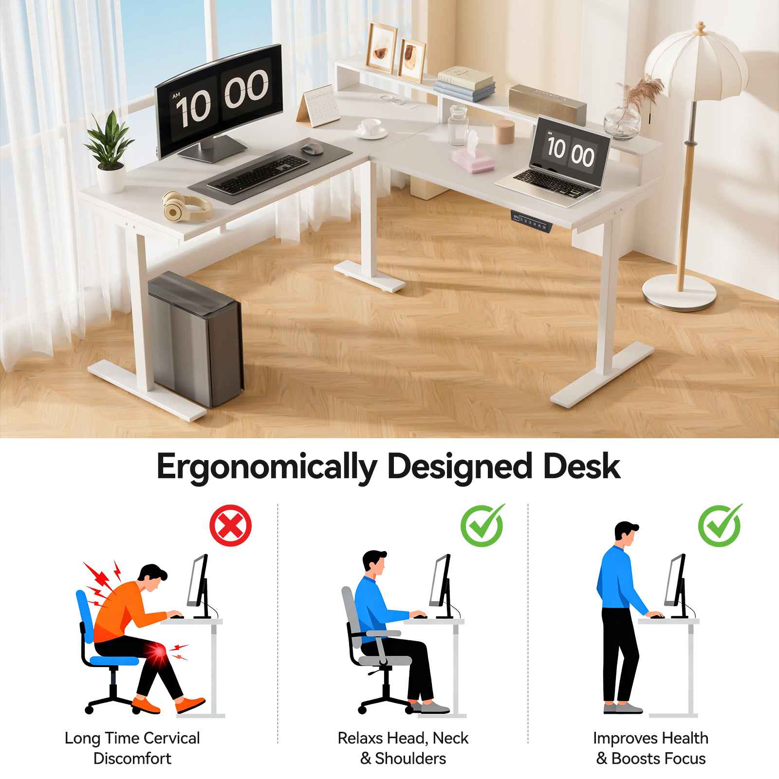 Bureau d'angle en L réglable en hauteur 160 x 140 cm – Bureau d’angle avec support écran, bureau électrique, L avec prises, blanc - 6