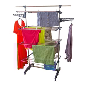 Etendoir pliable sur roulettes - 4 niv - barre télescopique - acier - H168 cm - 10 cintres - 20 pinces à linges 2 porte-cintres