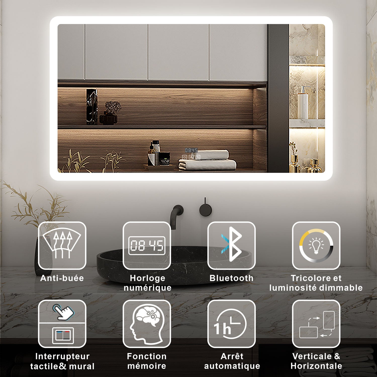 AICA Miroir lumineux rectangulaire 120 x 70cm, bluetooth + 3 couleurs + dimmable + horloge + anti-buée + mémoire, miroir salle de bain mural - 2