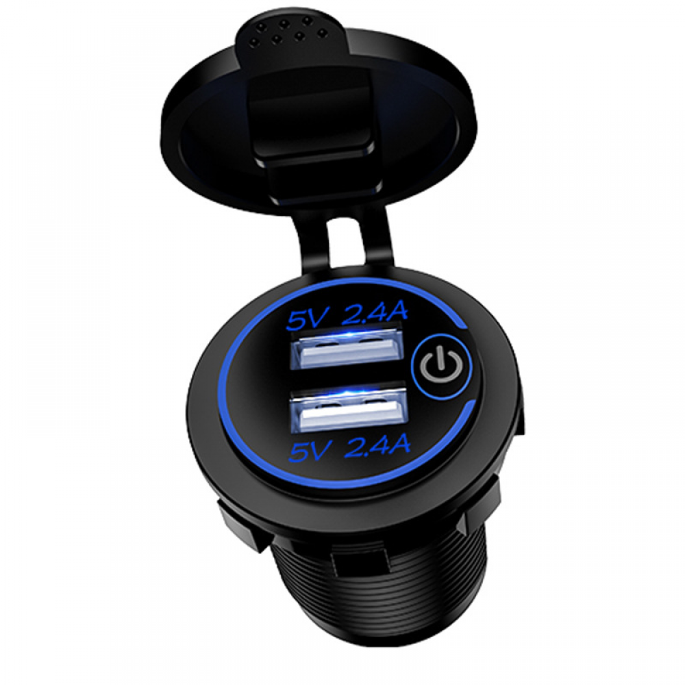 Caricabatterie Auto 12V Con Doppia Porta USB 4.8A E Interruttore Touch | Impermeabile IP66 Con LED | Per Auto, Moto, Barca, Camper