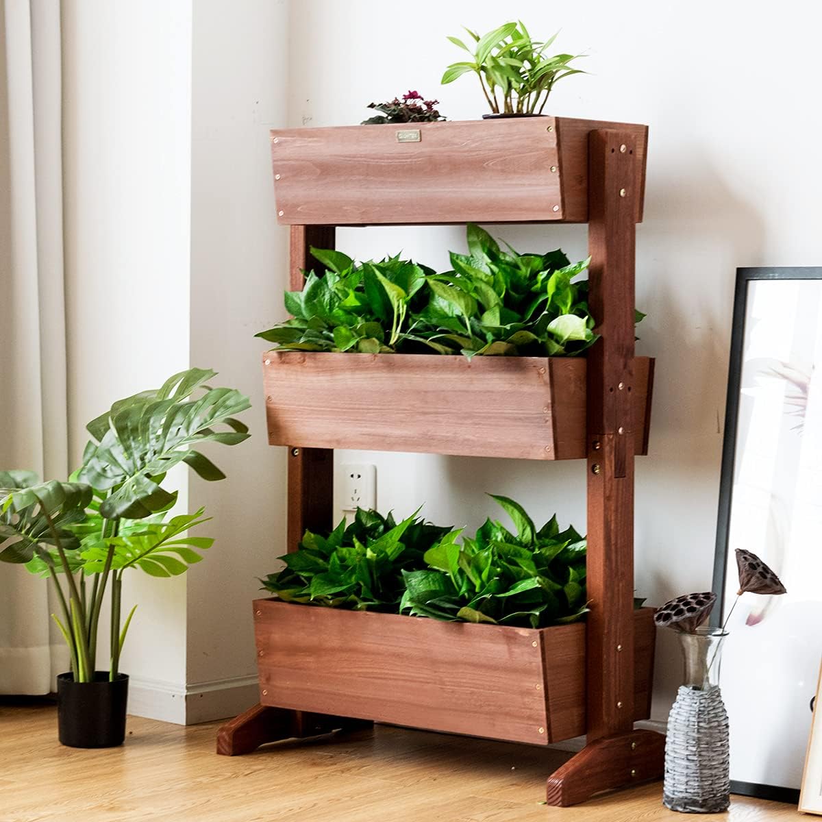 Étagère à Fleurs en Bois, Support de Pots de Fleurs à 3 Niveaux Amovibles, Inclinaison Ajustable, Étagère Plantes Polyvalent, 73 x 38 x 106cm - 6