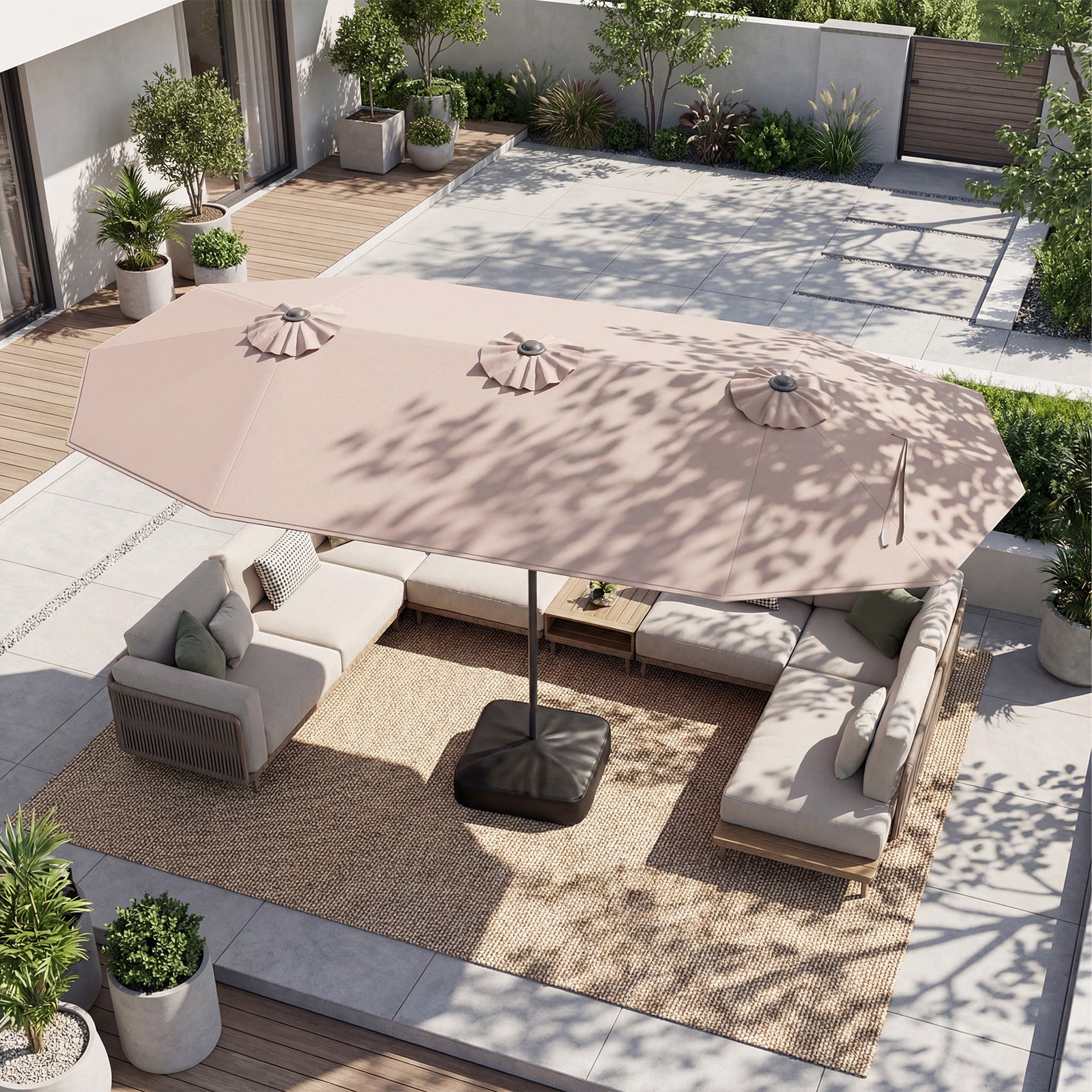 Parasol Double de Jardin 396 x 201 CM, Parasol Extra Large avec Manivelle et Socle Robuste, Parasol Jumeau pour Cour, Patio, Terrasse, Brun - 9