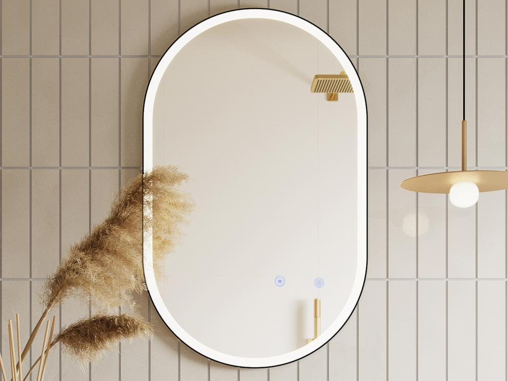 Miroir de salle de bain lumineux ovale anti buée avec contour noir - 50
