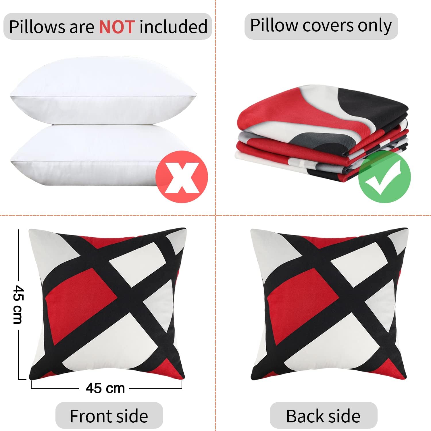 4 Pièces 45x45cm Housse de Coussin Géométrique Moderne Coussin Rouge Noir Gris Coussin Canapé Decoratif Irrégulier Rayures Taie d'oreiller Double - 2